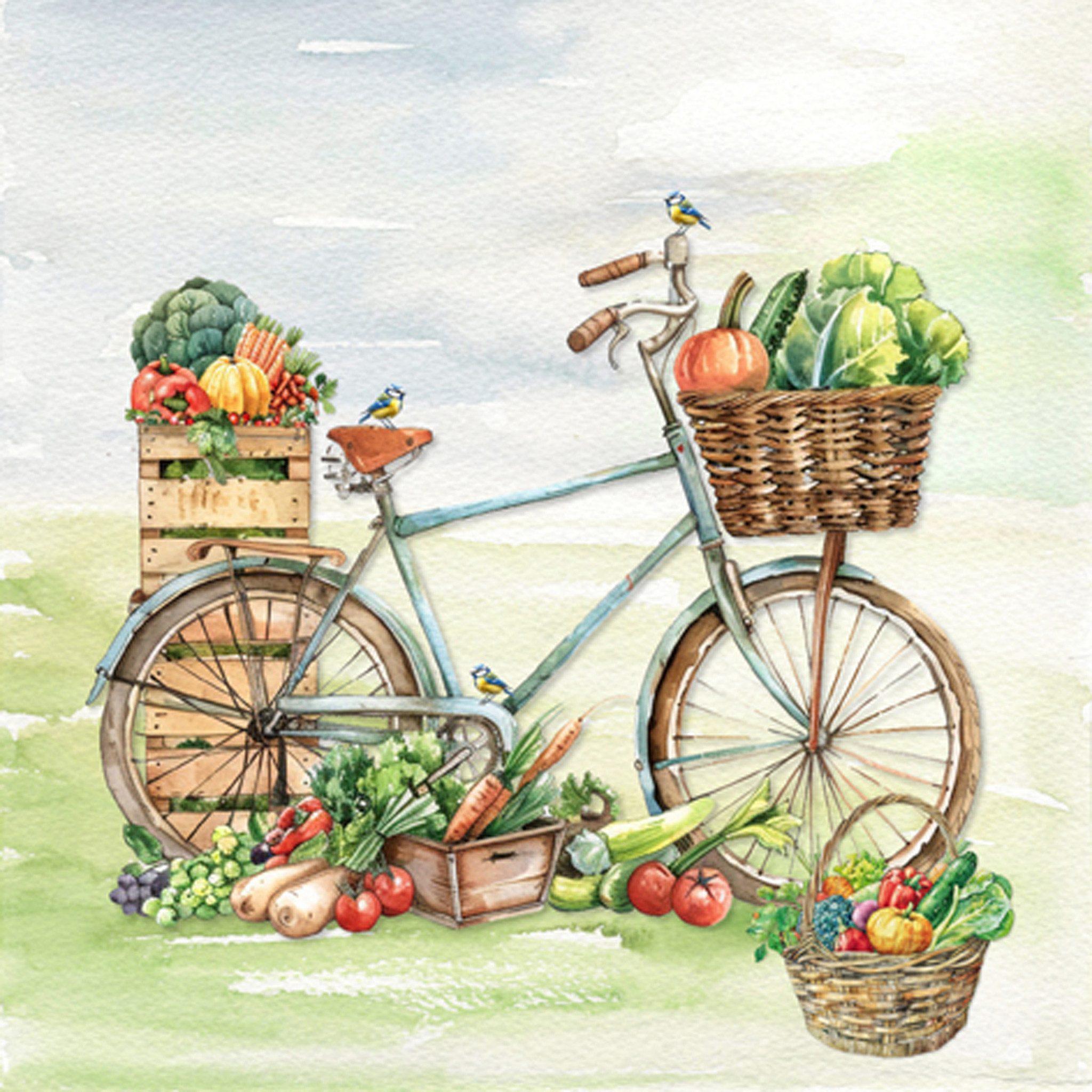 ti-flair Papierserviette, Servietten Papier 33x33cm 3-lagig mit Fahrrad & Gemüse Motiv 20 Stück