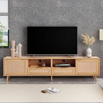 WISHDOR TV-Schrank Holz-TV-Schrank, TV-Ständer (TV-Konsolentisch,200*37*49cm) mit massiven Holzfüßen, Geflochtener Rattan-TV-Boards