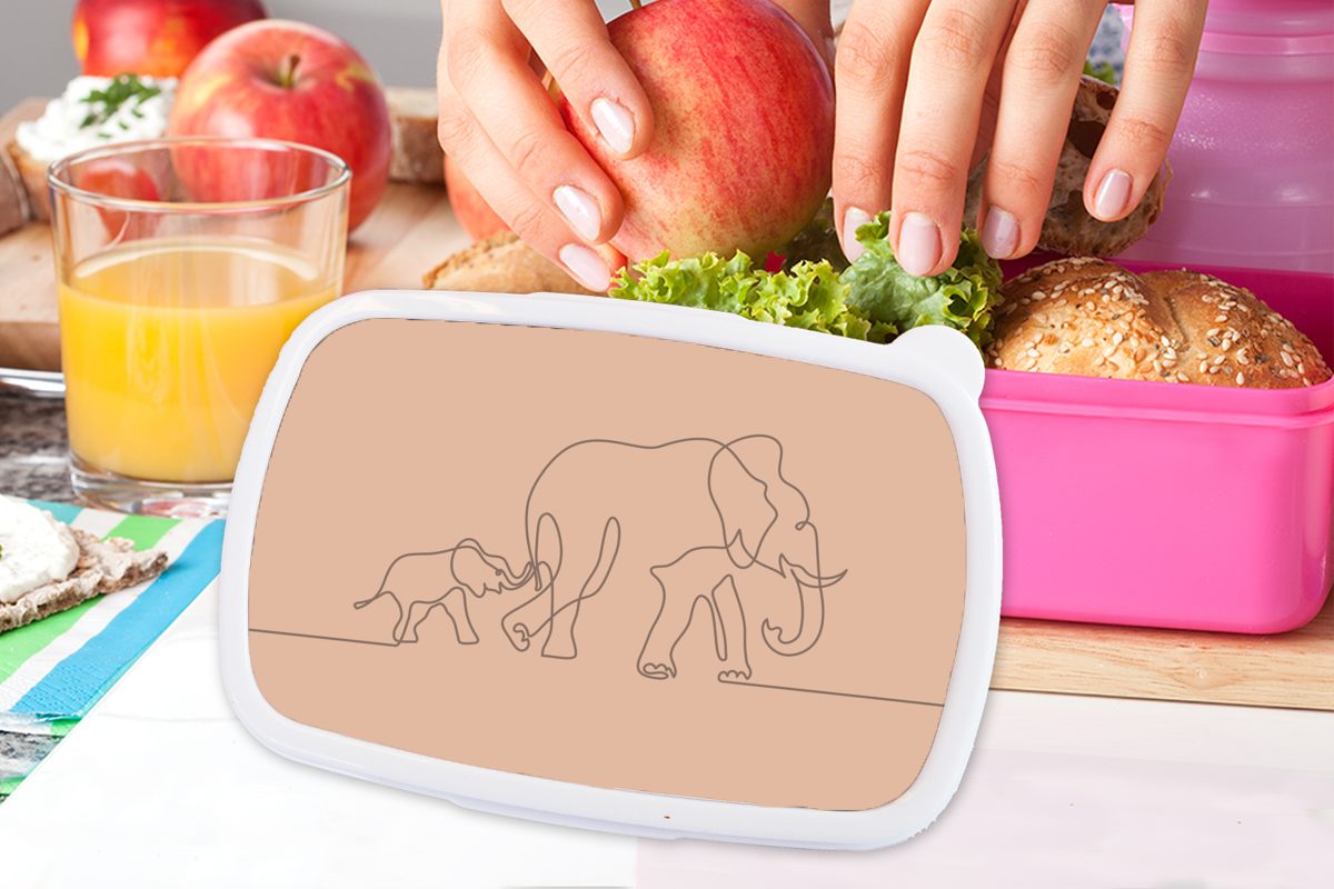 Erwachsene, - Kinder, MuchoWow rosa Minimalismus (2-tlg), Brotbox - Lunchbox Snackbox, Brotdose Elefant Kunststoff für Kunststoff, Mädchen, Braun,