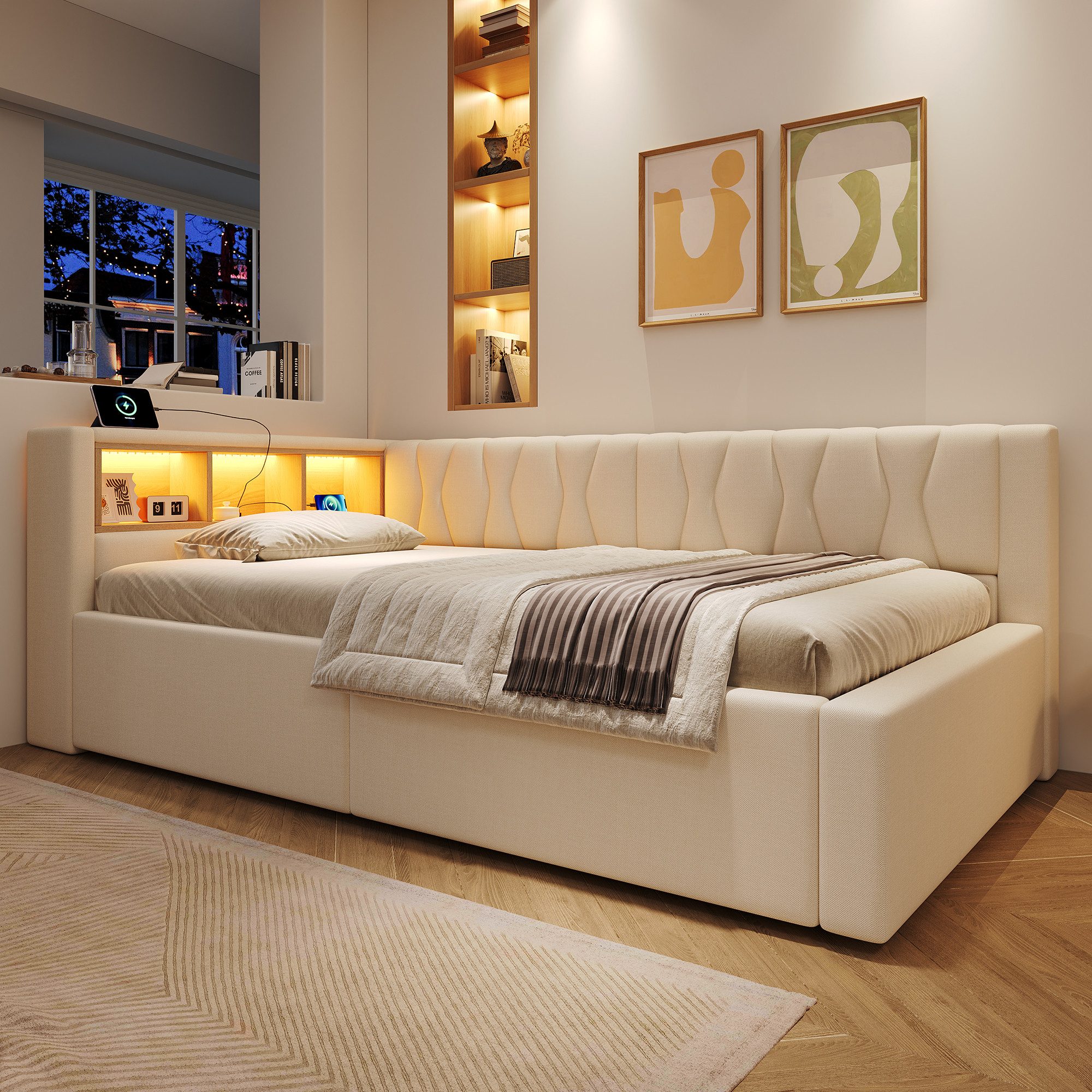 SOFTWEARY Schlafsofa mit RGB LED-Streifen und Stauraum, mit Lattenrost, Regal, Rückenlehne, Aufbewahrung, Type-C und USB, Polsterbett, Einzelbett, Tagesbett, Daybett, 90x200 cm, Leinen
