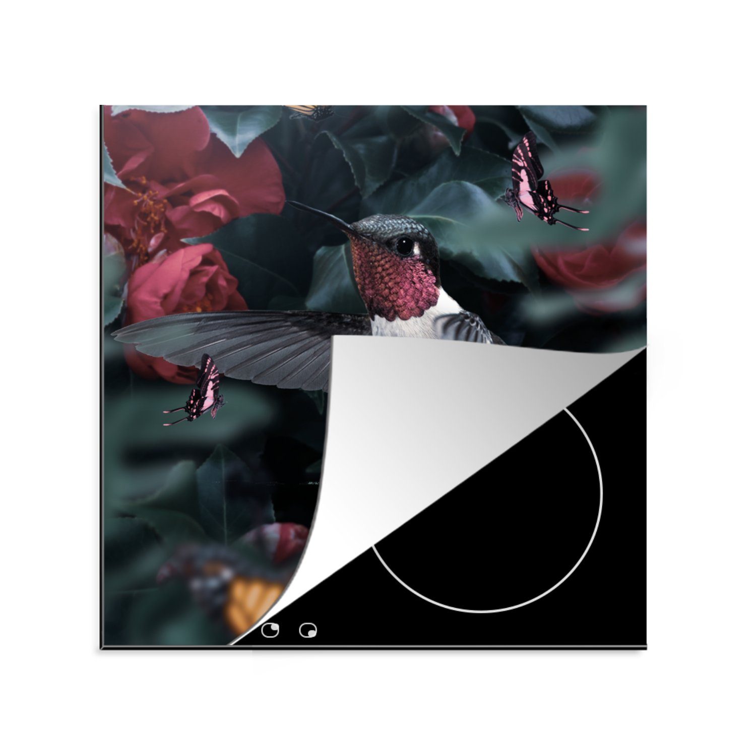 MuchoWow Herdblende-/Abdeckplatte Kolibri - Schmetterlinge - Rosa, Vinyl, (1 tlg), 78x78 cm, Ceranfeldabdeckung, Arbeitsplatte für küche