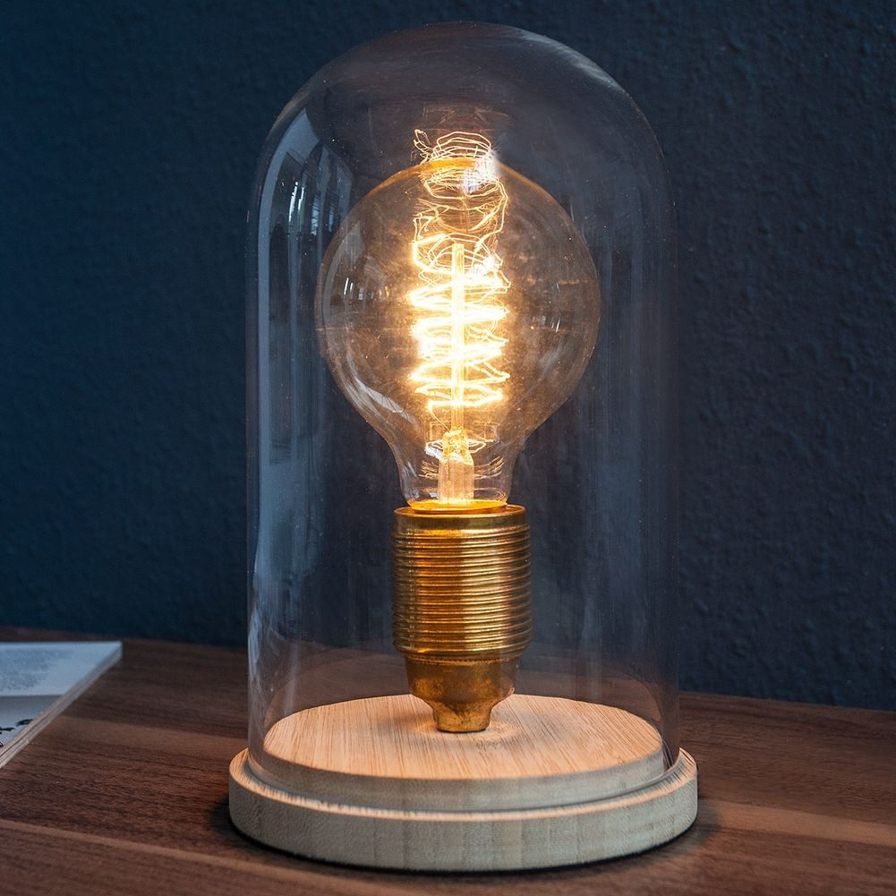 cagü Teichleuchte Tischlampe ELECTRO transparent aus Glas und Holz 20cm, Ein-/Ausschalter, ohne Leuchtmittel, E27