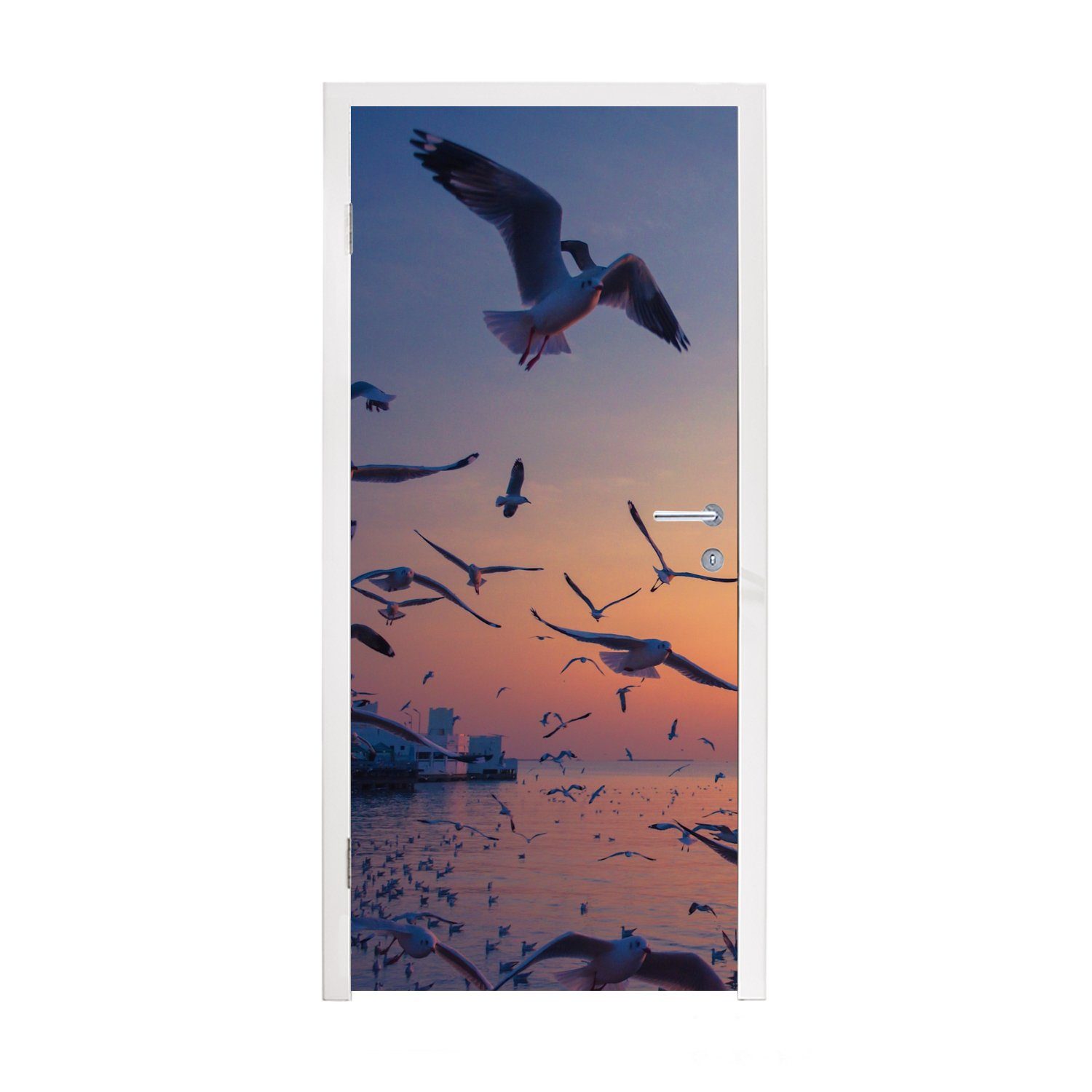 MuchoWow Türtapete Möwen - Meer - Sonnenuntergang, Matt, bedruckt, (1 St), Fototapete für Tür, Türaufkleber, 75x205 cm
