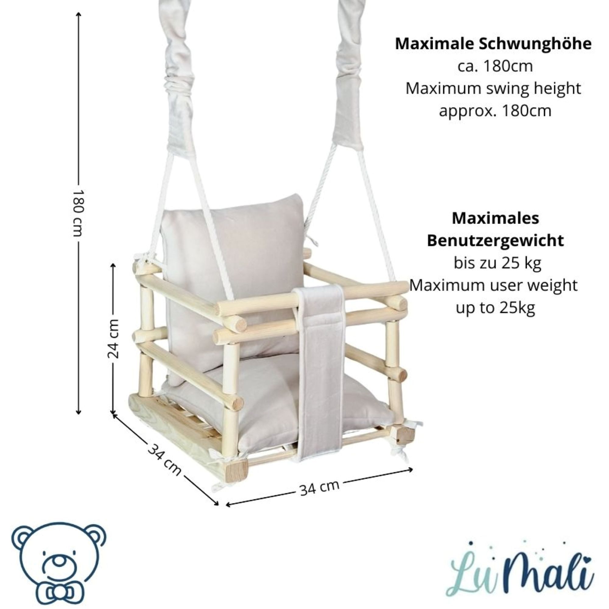 LuMali Babyschaukel Babyschaukel 3in1 Holz Sicherheitsgurt drinnen draußen 34x34x28cm, Kinderschaukel Naturholz Kiefer weich verstellbar 6-36 Monate