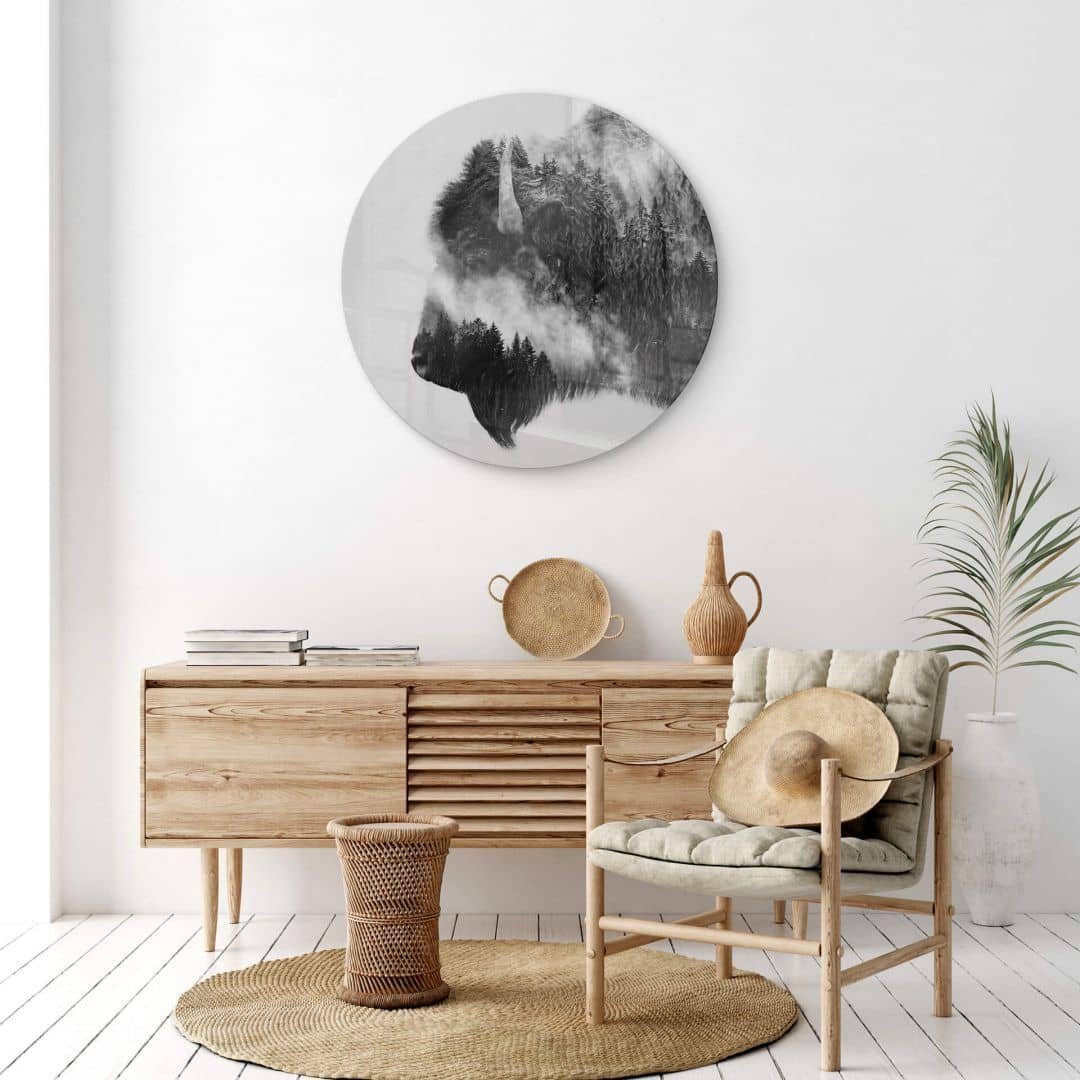 K&L Wall Art Glasbild Glas Wandbild Rund Glasbild Fotokunst Angyalosi Schwarz-Weiß Bison, Wandschutz Deko Bilder