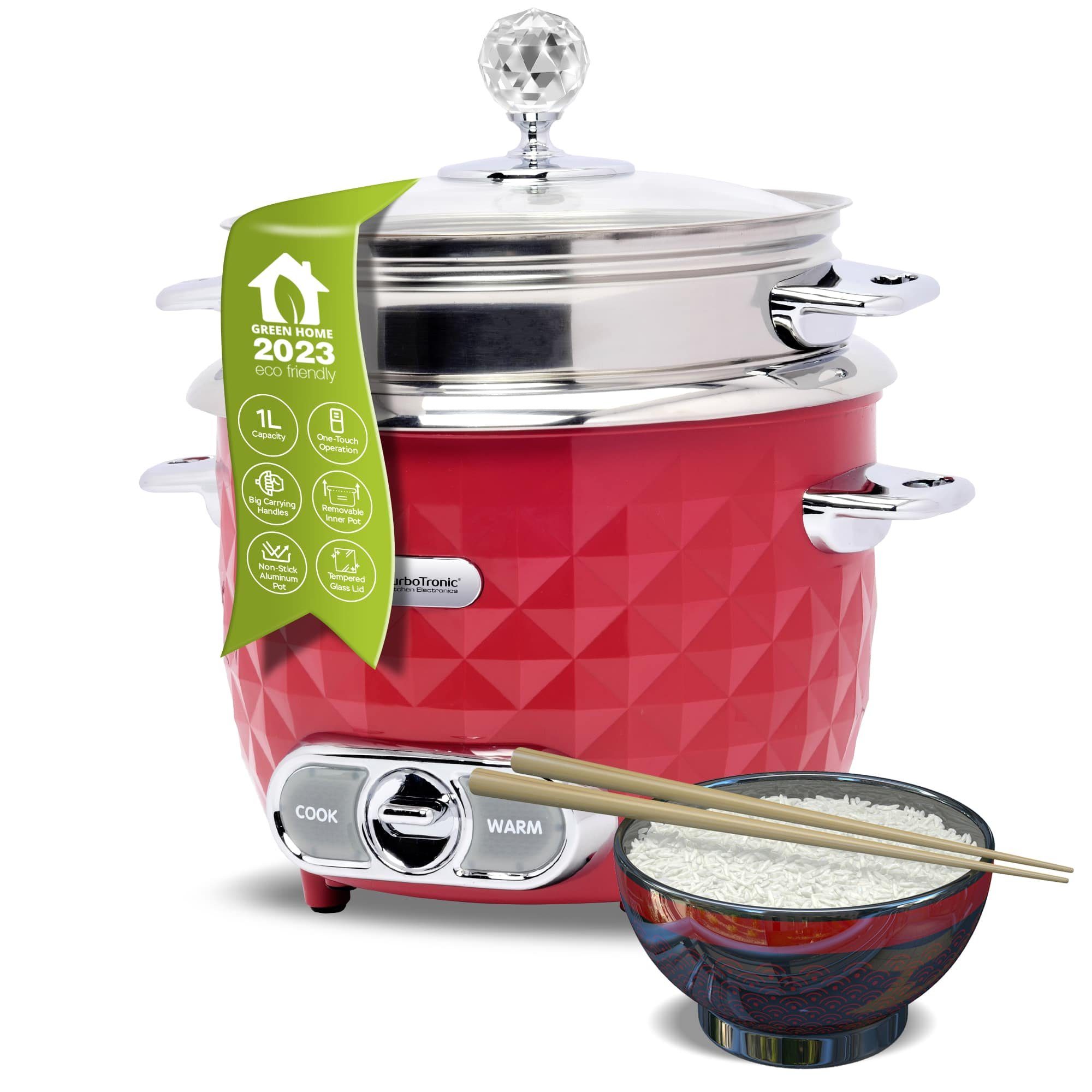 TurboTronic by Z-Line Reiskocher 1 Liter mit Dampfgareinsatz aus Edelstahl PLASTIKFREI, 400 W, mini Design Dampfgarer kleiner Reistopf Milchreis Cooker