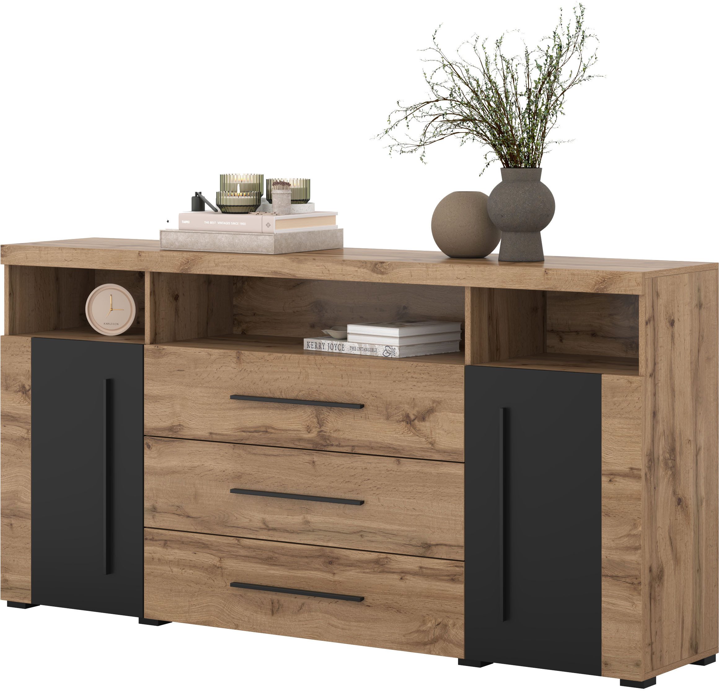 OTTO home Sideboard Roger,Breite 182cm, stilvolle Schrank, 2 Holztüren 3 Schubladen, Kommode mit viel Stauraum, Einlegeböden verstellbar