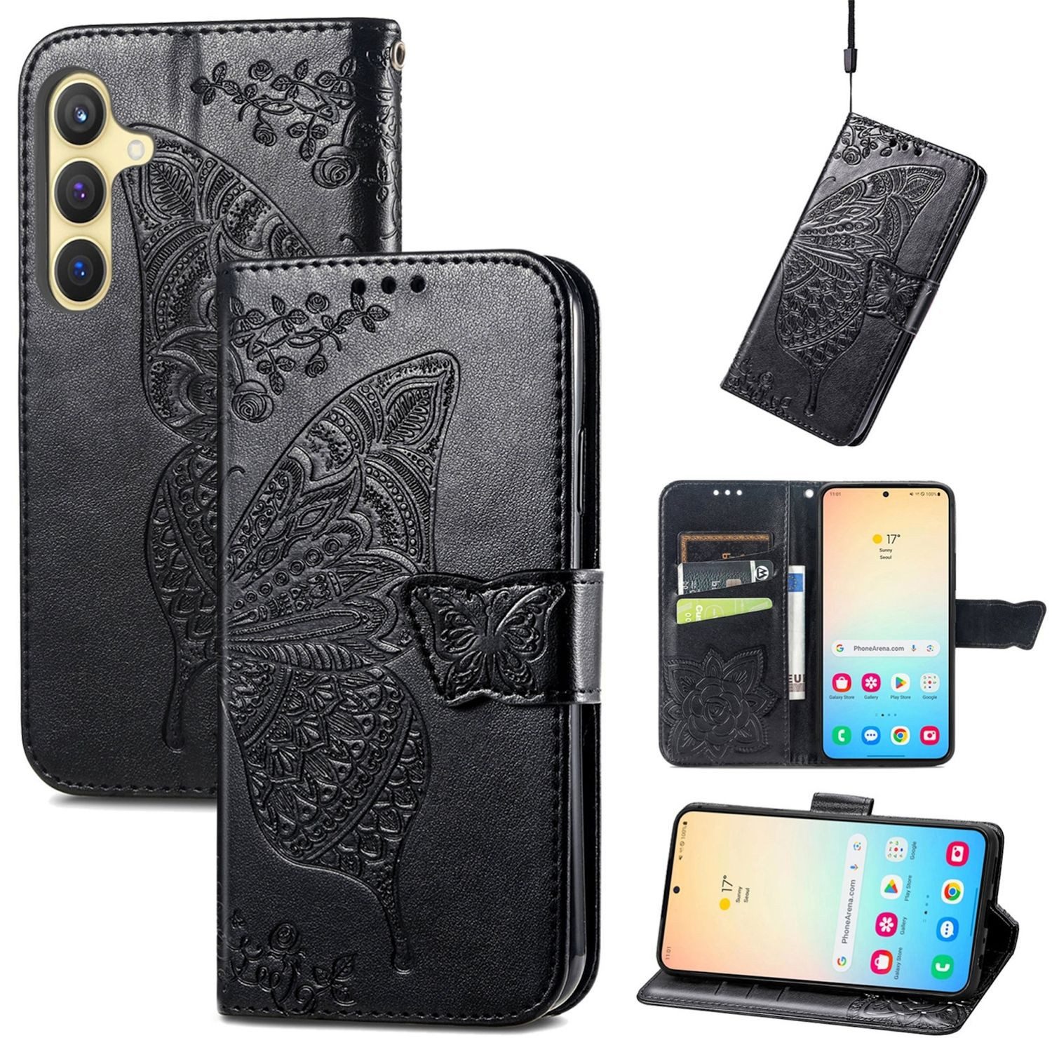 Wigento Smartphone-Hülle Für Samsung Galaxy S25 Kunstleder Wallet Schmetterling Hülle Schwarz, Kunst-Leder Schutzhülle Smart Case Cover magnetischer Verschluss