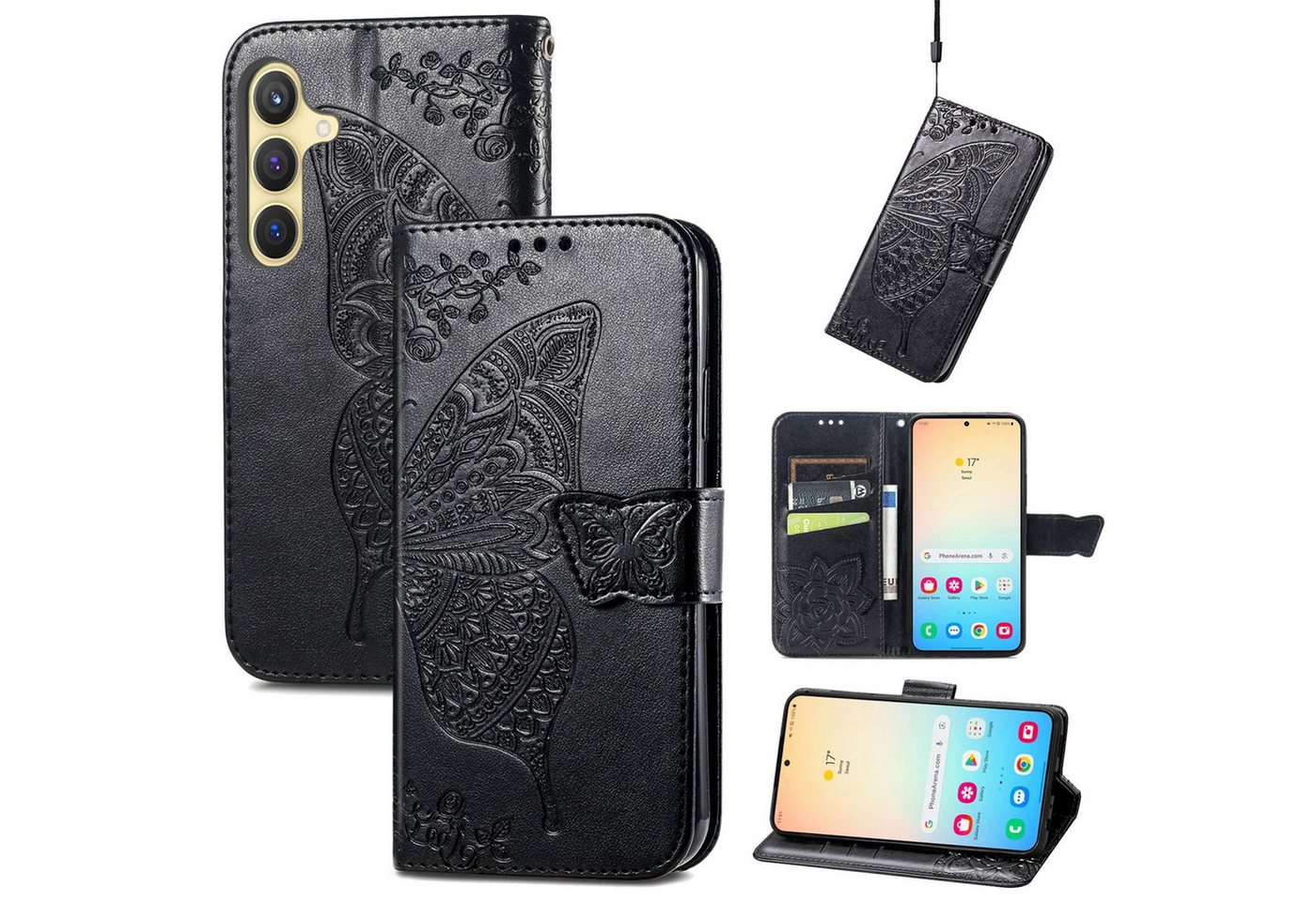 Wigento Smartphone-Hülle Für Samsung Galaxy S25 Kunstleder Wallet Schmetterling Hülle Schwarz, Kunst-Leder Schutzhülle Smart Case Cover magnetischer Verschluss