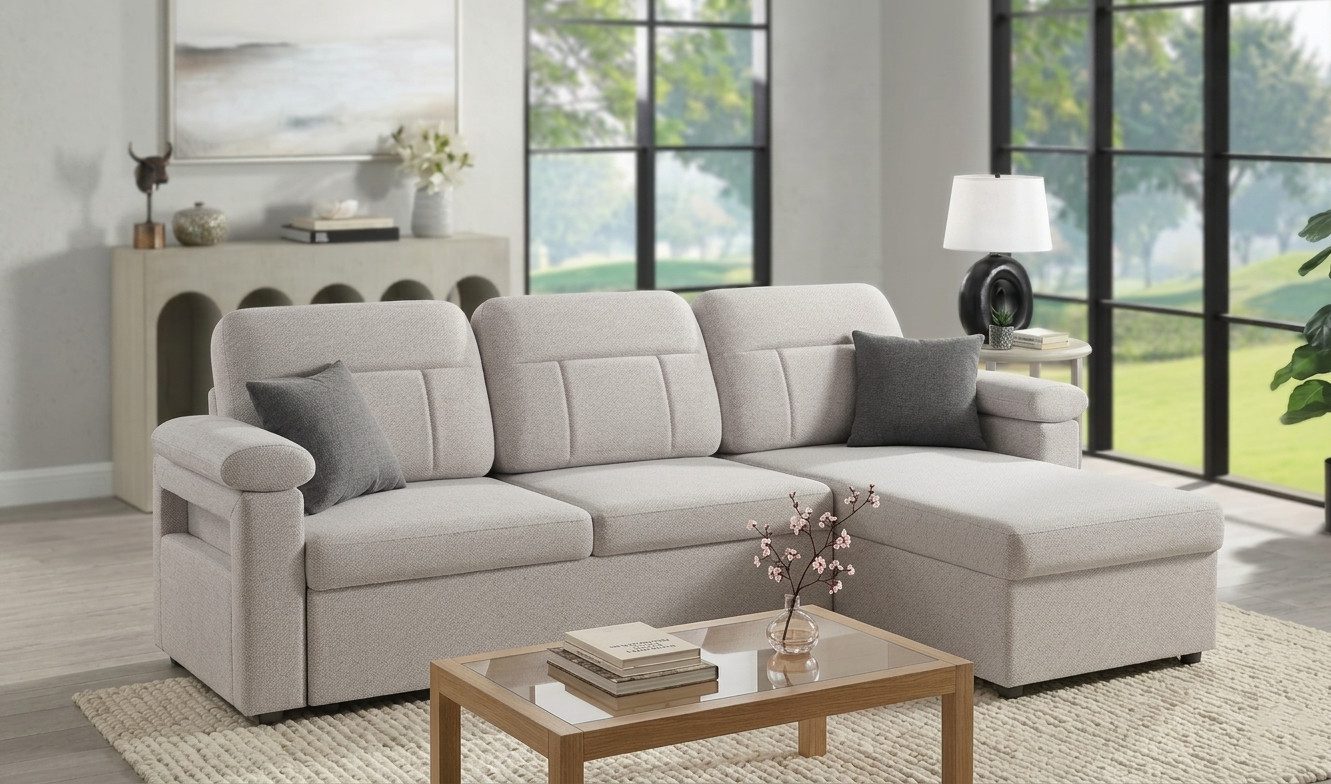 HOMAVO Ecksofa L-Ecksofa, Breite: 203 cm, Abnehmbares und waschbaresSitzkissen, Handyhalterung, Getrankehalter