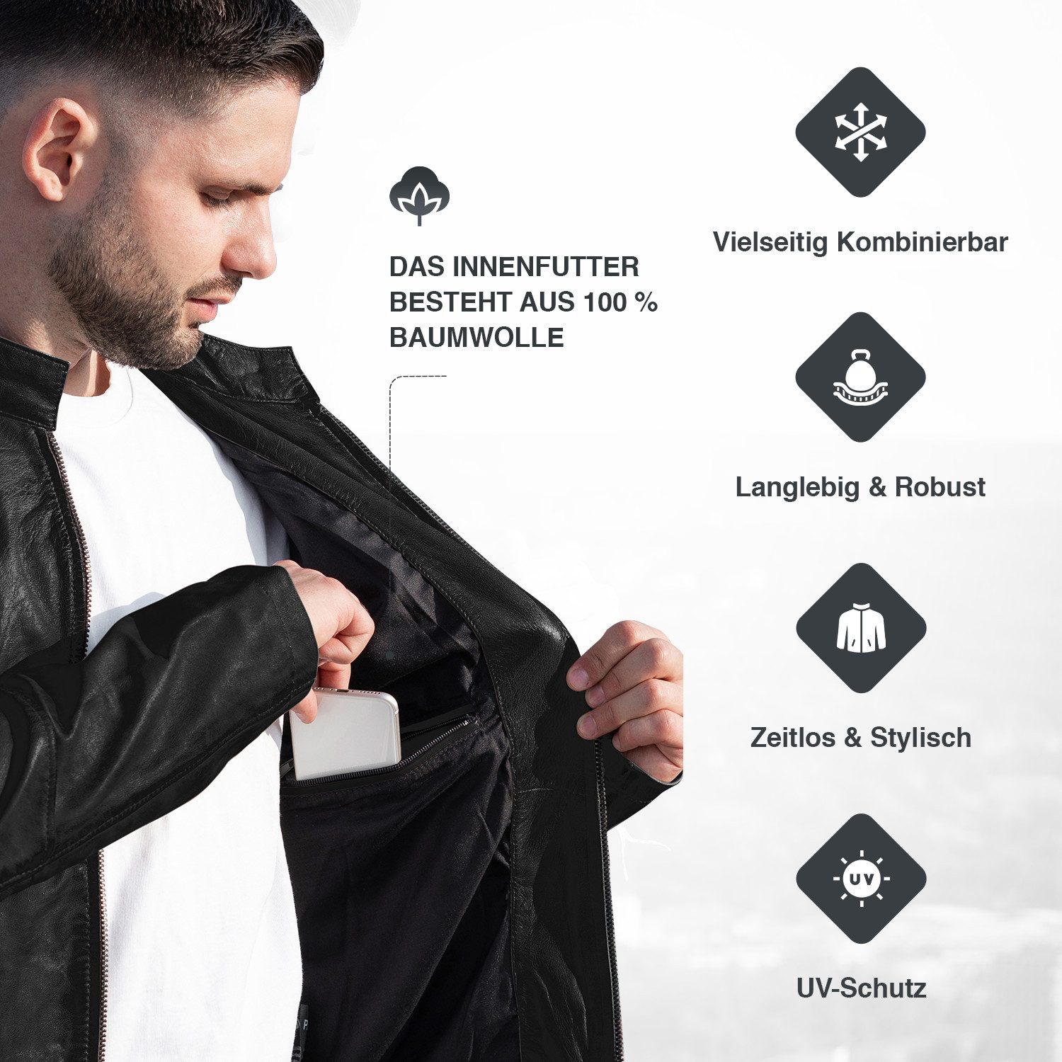 PAULGOS Lederjacke Herren Jacke Übergangsjacke Biker Look 100% Echtleder D3 – Bild 4 von 5