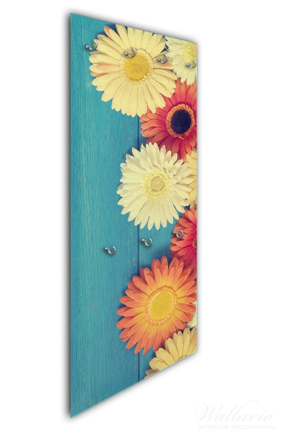 Wallario Garderobenpaneel Bunte Gerbera auf Holz (1-teilig, inkl. Haken und Befestigung), 50x125cm