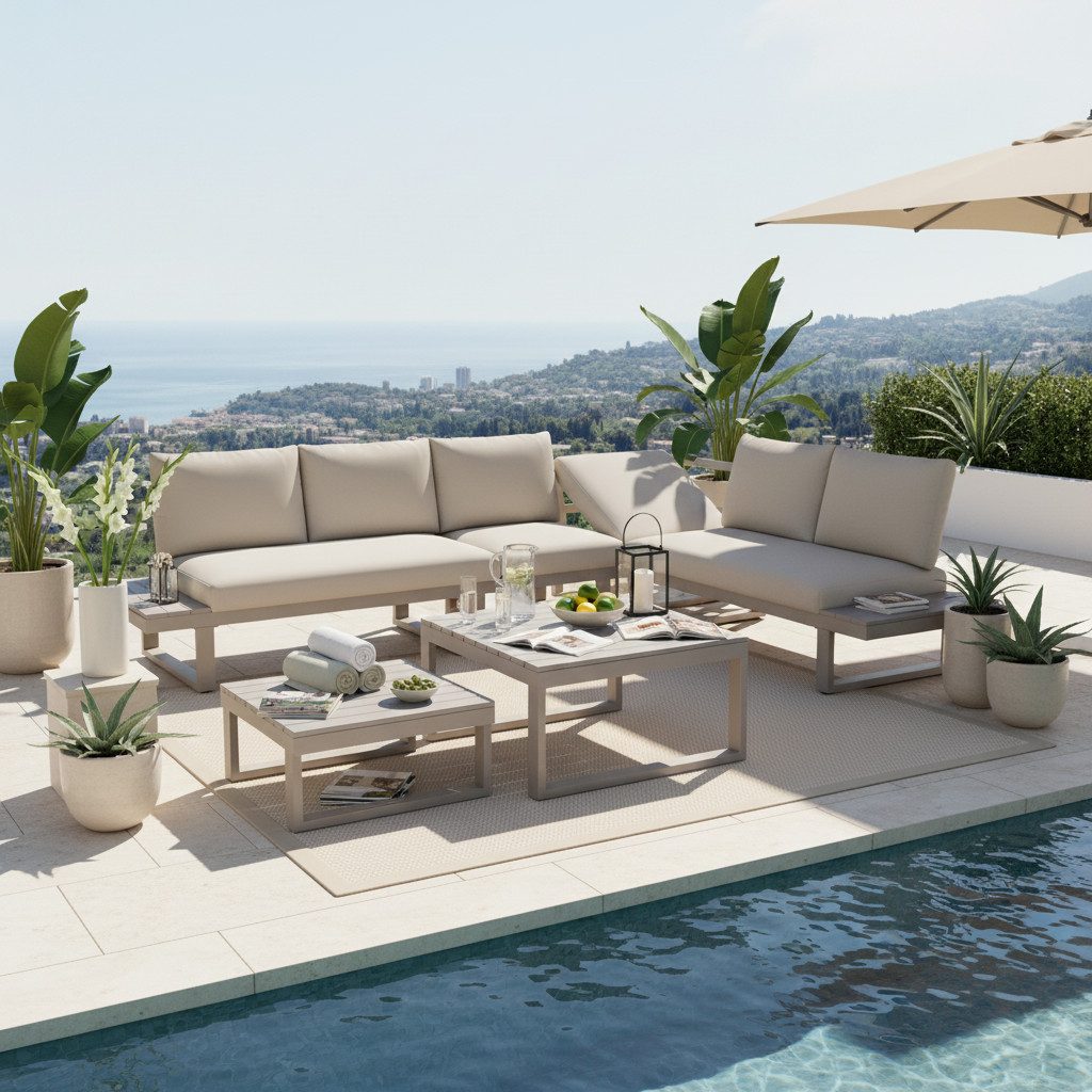 Celya Gartenlounge-Set Gartenmöbel-Set, Eckstellung, mit verstellbarer Neigungsfunktion, (Tischplatte aus Kunststoffholz, mit zwei Couchtischen, Beige + Khaki), (5-stufig, bis 55), verzinktes Stahlrohr