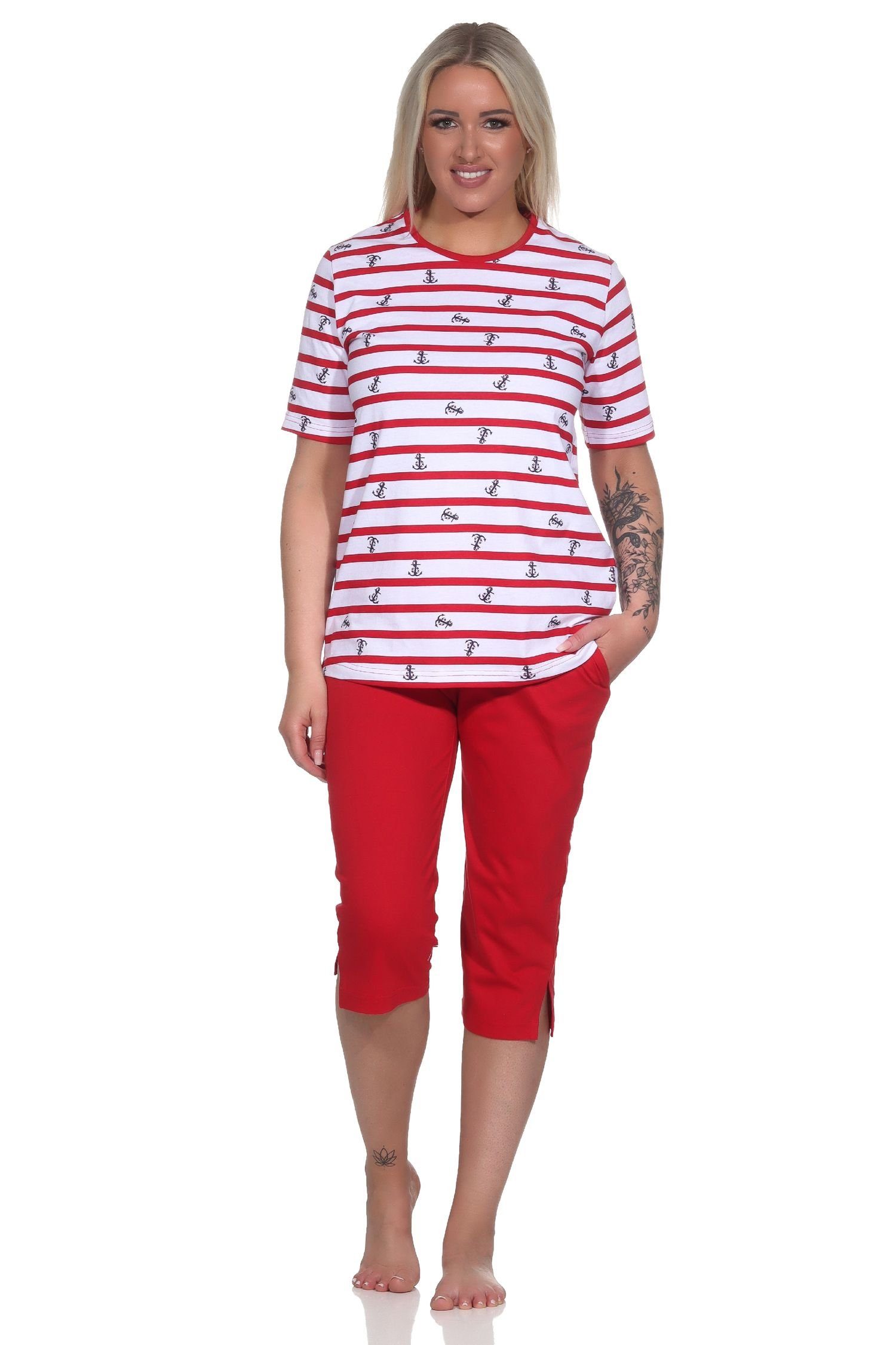 Normann Pyjama Damen kurzarm Schlafanzug mit Caprihose in maritimer Optik rot