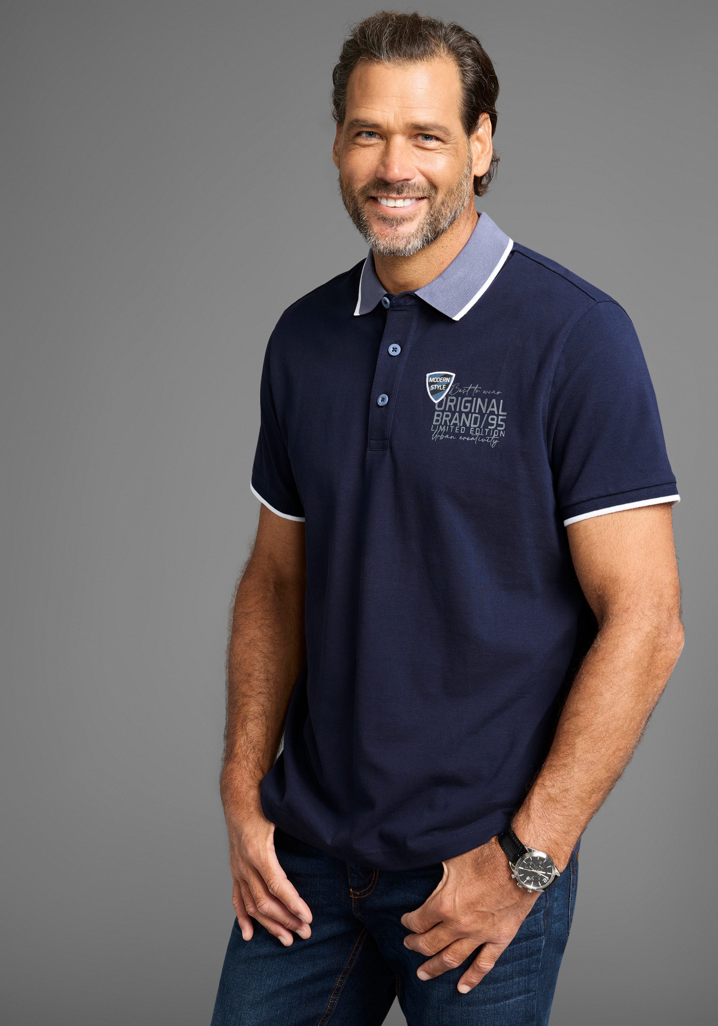 Man's World Poloshirt mit Brustprint, meliertes günstig online kaufen