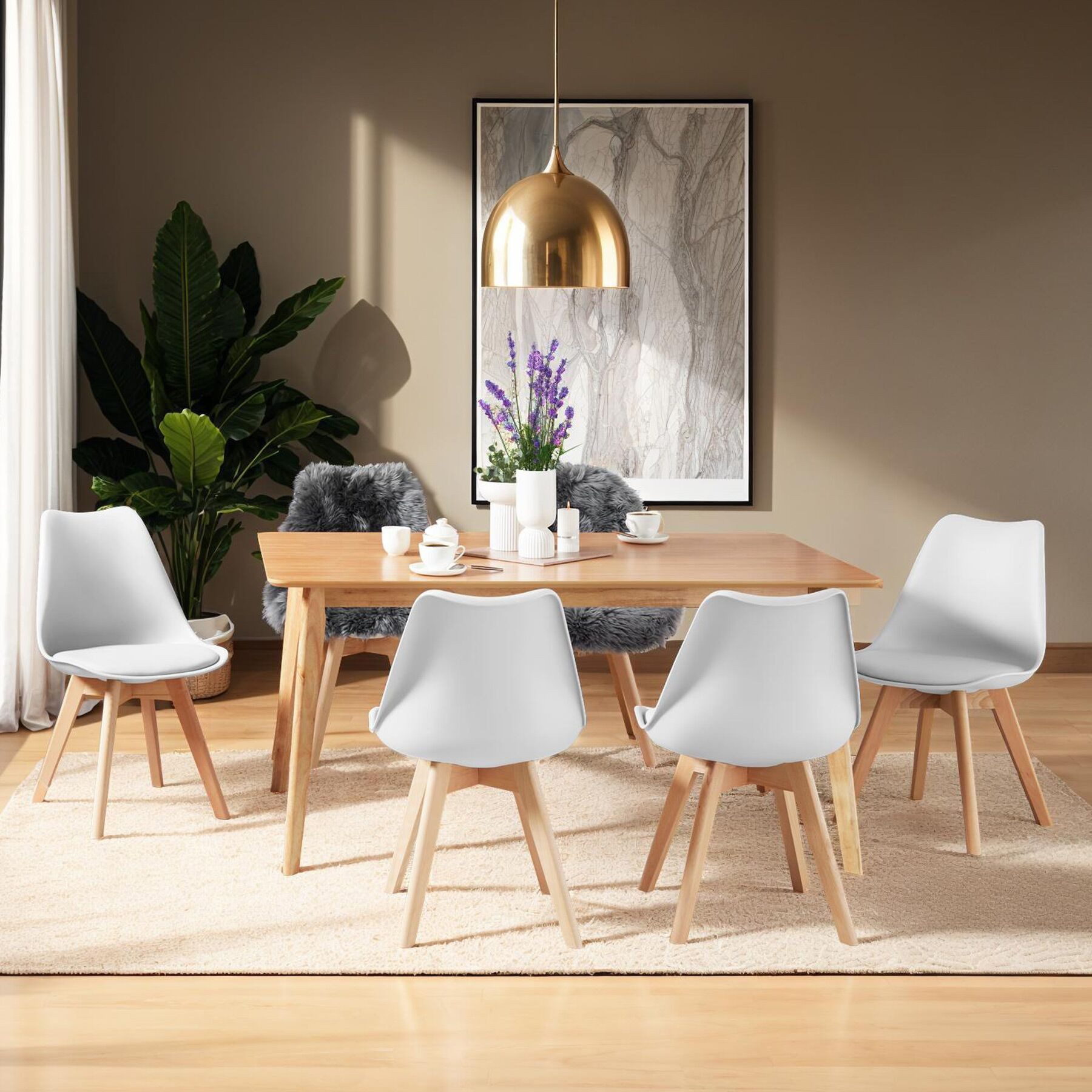 tectake Esszimmerstuhl Küchenstuhl Scandi-Design, gepolsterte Sitzfläche, 49 x 53 x 82 cm (Polsterstuhl Frederikke in weiß, 6 St), ergonomische Form, massive Holzbeine, bodenschonende Filzgleiter