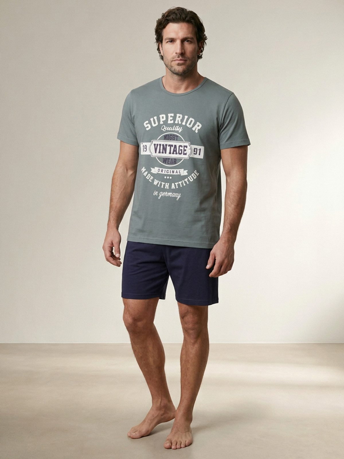 Henry Terre Shorty Vintage Blaue Shorts Herren Pyjama Set Kurzarm M - 5XL
