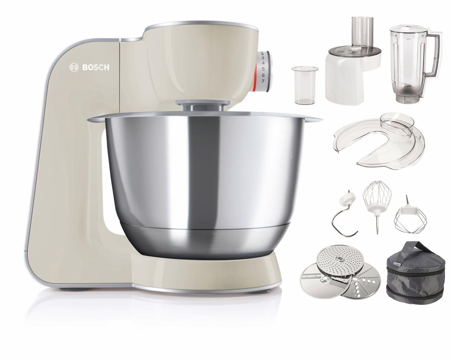 BOSCH Küchenmaschine Serie 4 MUM58L20, Durchlaufschnitzler, Mixer, grau, 1000 W, 3 Scheiben, Schüssel, Knethaken/Rühr-/Silikonbesen, spülmaschinenfest