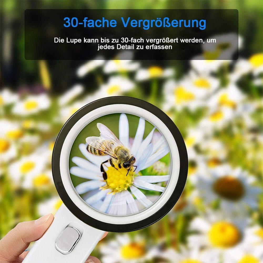 TUWENA Handlupe Lupe mit 13 LED-Leuchten, 30-fache Handlupe zum Lesen und Beobachten