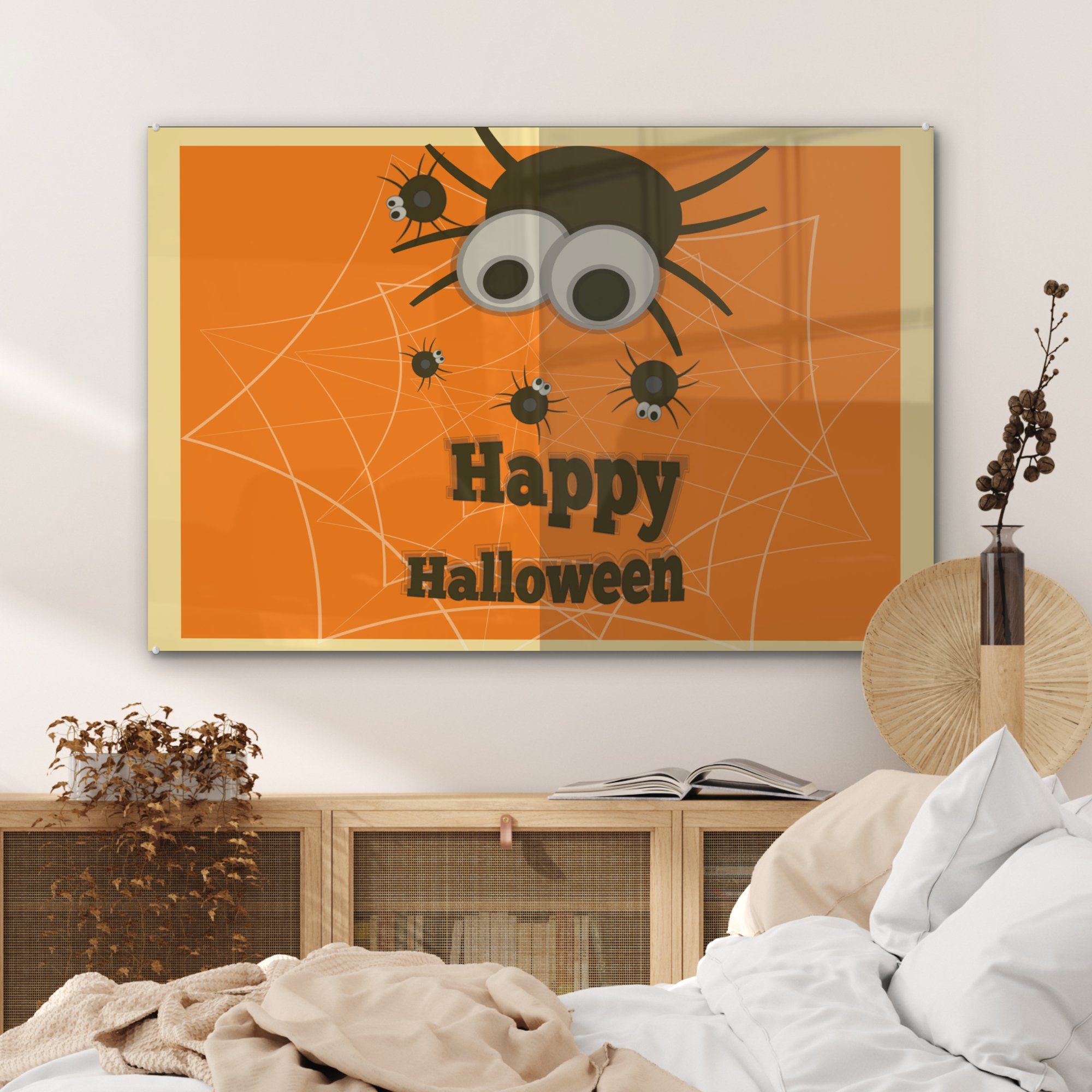mit Schlafzimmer (1 & Halloween' St), Wohnzimmer Happy Hintergrund, Acrylglasbilder MuchoWow auf orangem Spinnen Acrylglasbild