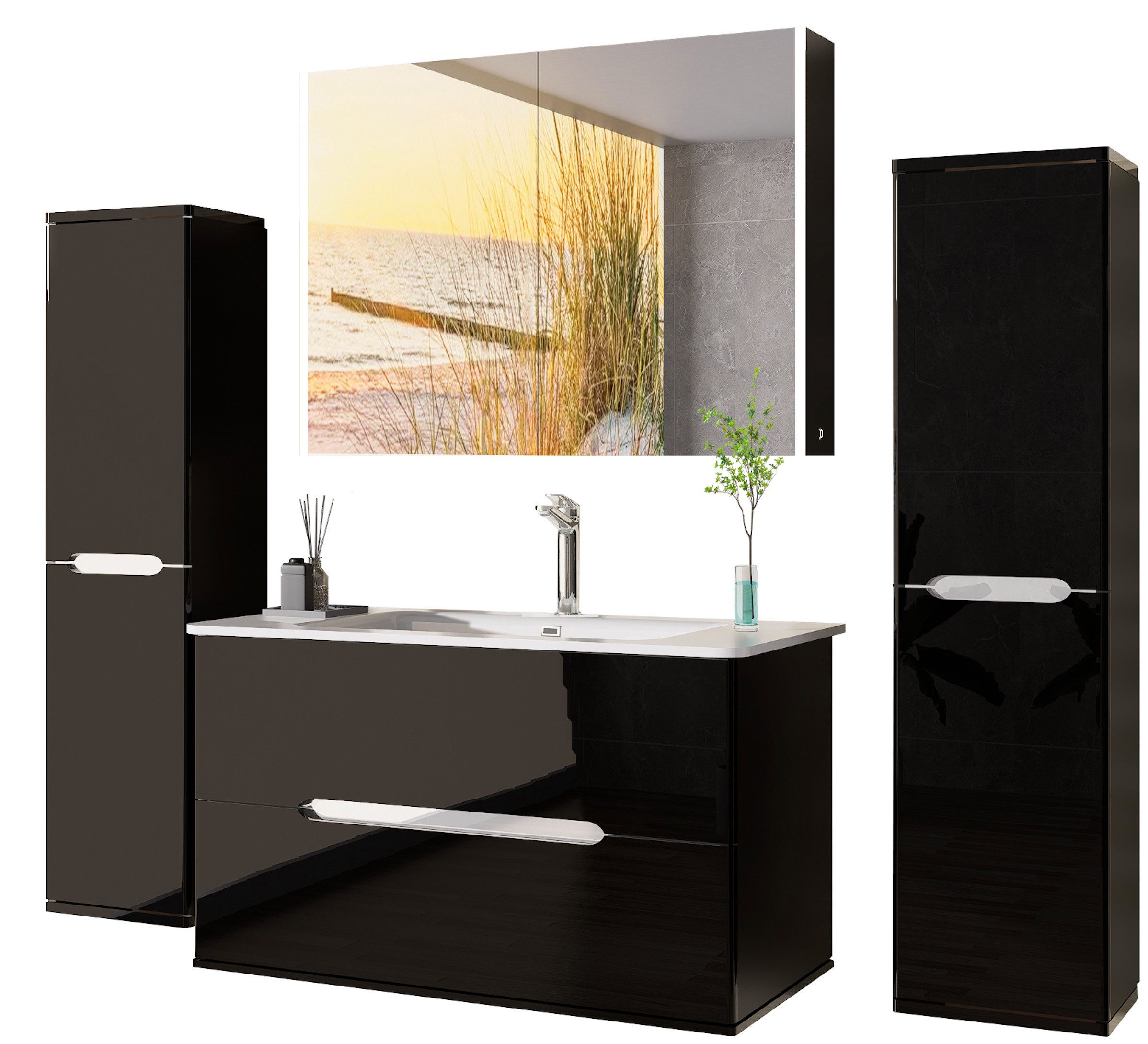 Homeline Badmöbel-Set Sky Badmöbel set Schwarz mit Spiegelschrank und Hänge günstig online kaufen