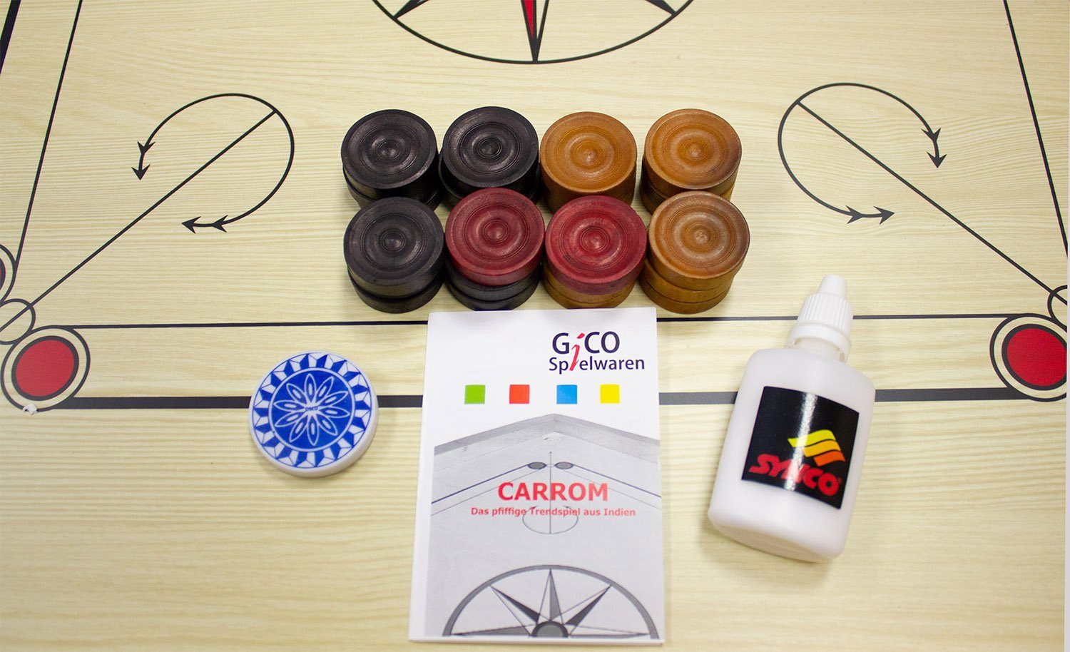 GICO Spielesammlung Carrom Board Spiel Synco 66x66cm mit komplettem Zubehör - 2966