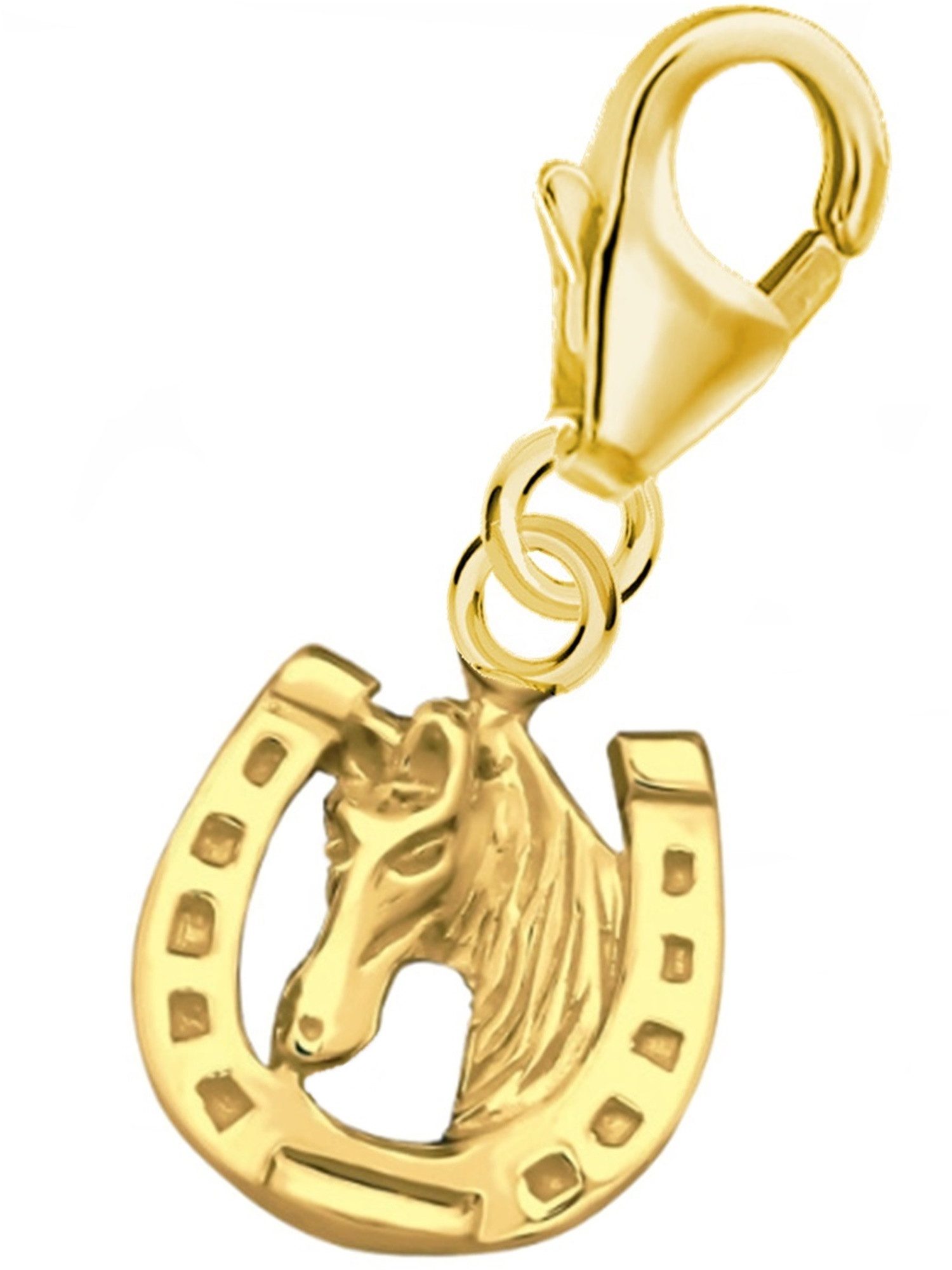 Goldene Hufeisen Charm-Einhänger Hufeisen Pferd Karabiner Charm 925 Sterling-Silber Gold vergoldet, Armbänder oder Kettenanhänger Glücksbringer