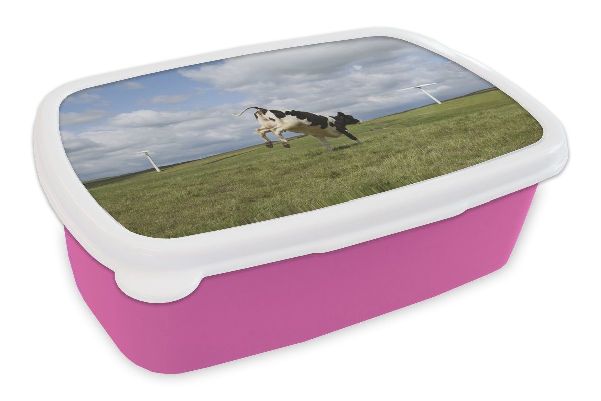 MuchoWow Lunchbox Kuh - Windmühle - Wolken, Kunststoff, (2-tlg), Brotbox für Erwachsene, Brotdose Kinder, Snackbox, Mädchen, Kunststoff rosa