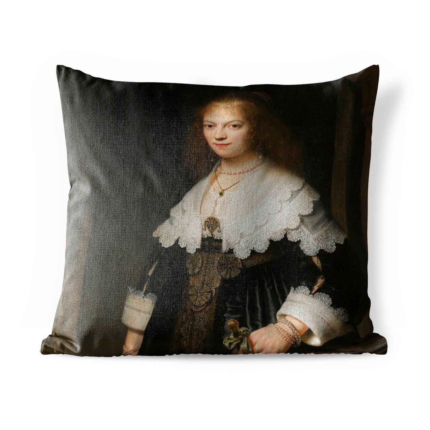 MuchoWow Dekokissen Porträt einer Frau, möglicherweise Maria Trip - Gemälde von Rembrandt, Kissenbezüge, Kissenhülle, Dekokissen, Dekokissenbezug, Outdoor