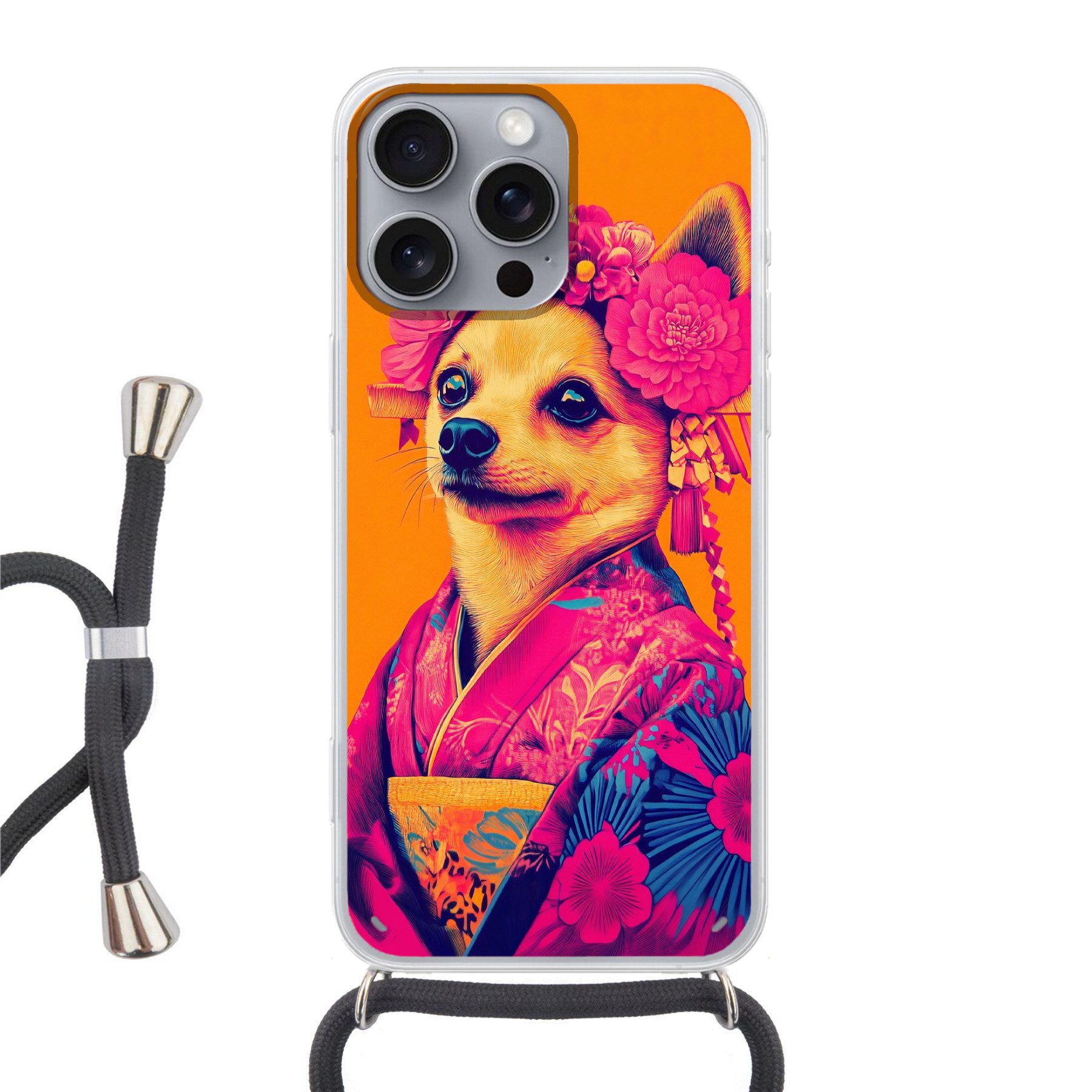MuchoWow Handyhülle für Apple iPhone 16 Pro Max Kimono - Hündchen - Blumenkrone - Orange, Tragbare Handyhüllen mit Kette zum umhängen, Handykette Handyband