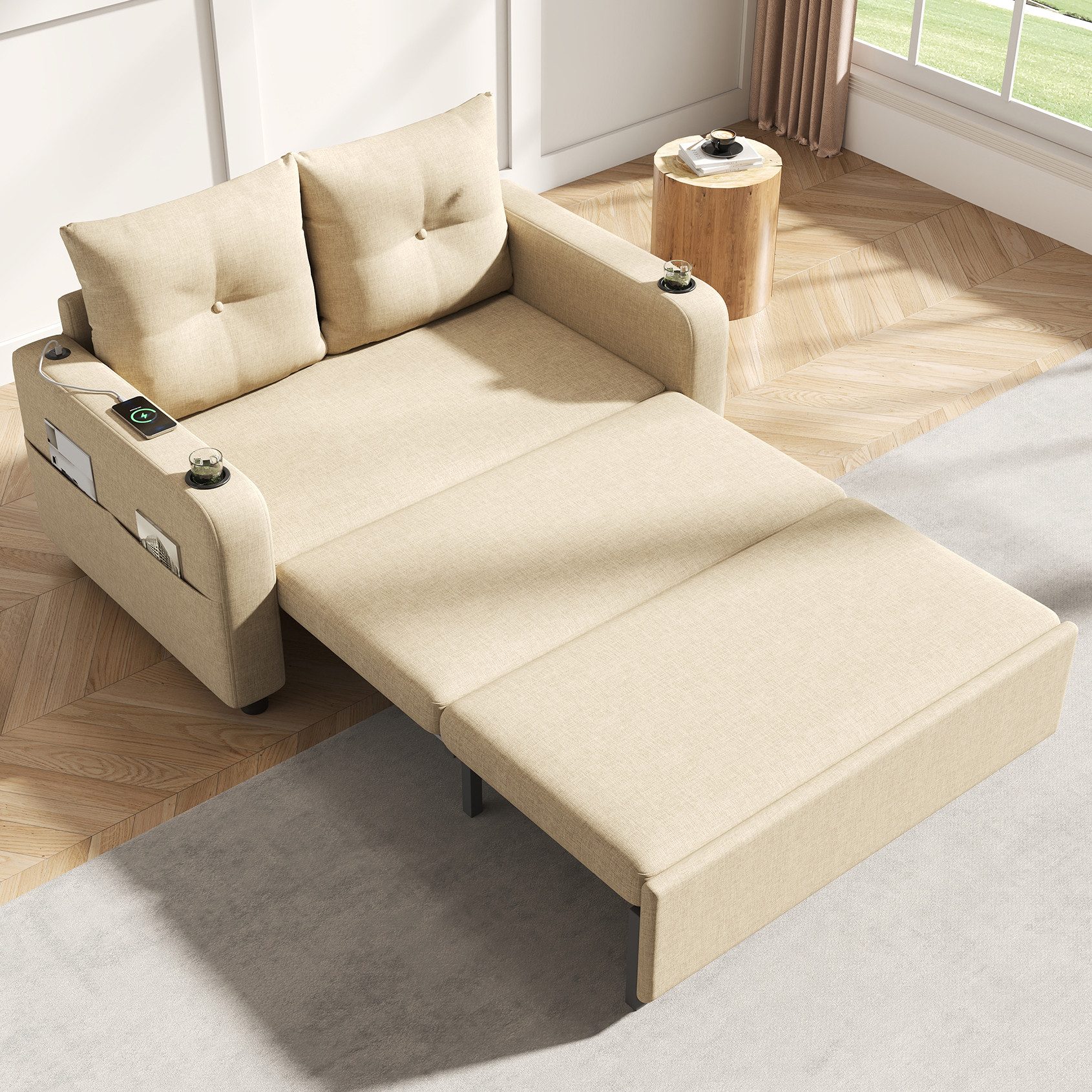 i@home Schlafsofa ausziehbares Sofa mit Schlaffunktion, Doppelsofa, mit Getränkehalter, Seitentaschen, Kissen und USB-Anschluss,Beige/Grau