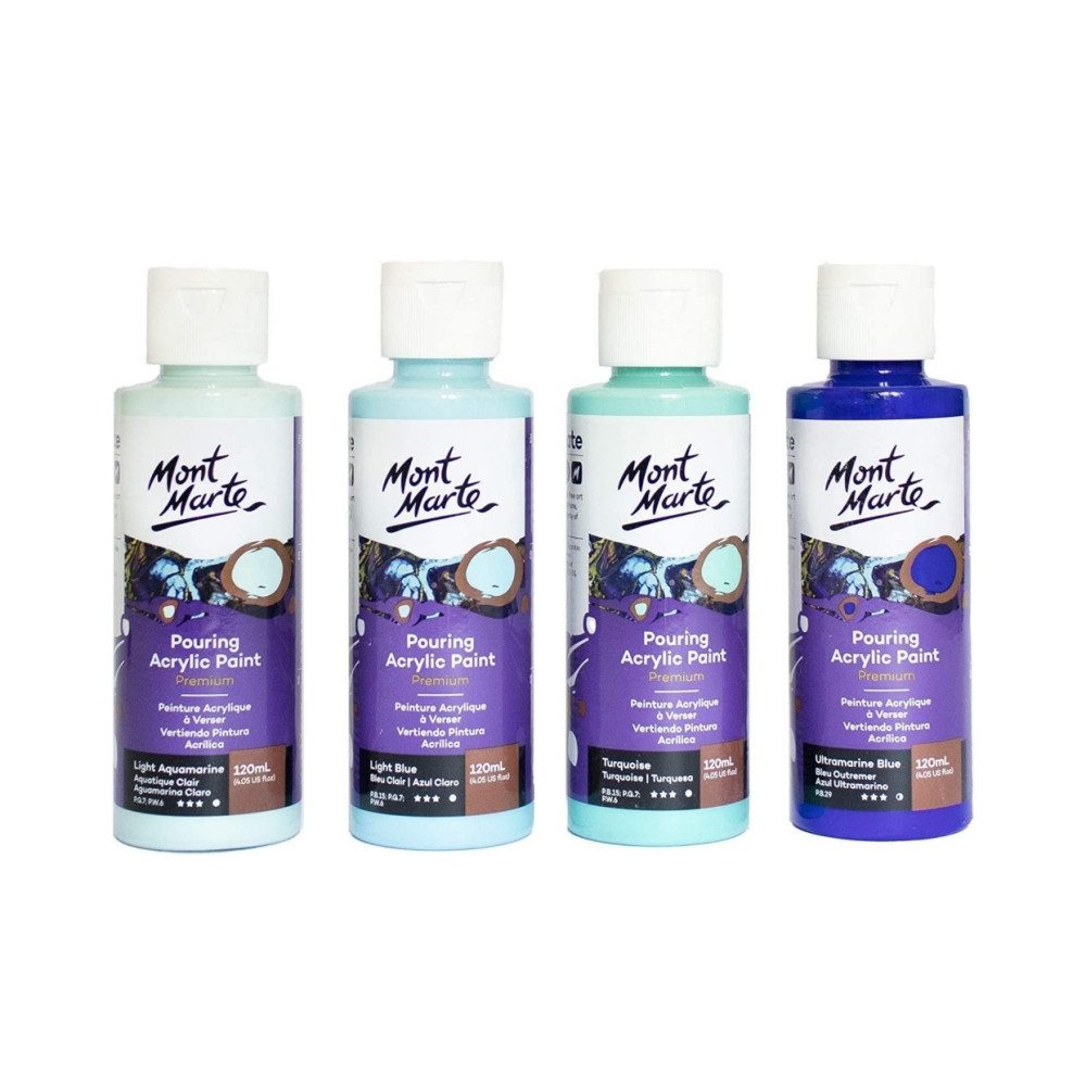 Mont Marte Bastelfarbe PREMIUM Pouring Acrylfarbe, Gieß-Acryl, je 4 x 120 ml, diverse Sets, Untereinander vermischbar & bereits mit Pouring Medium vorgemischt