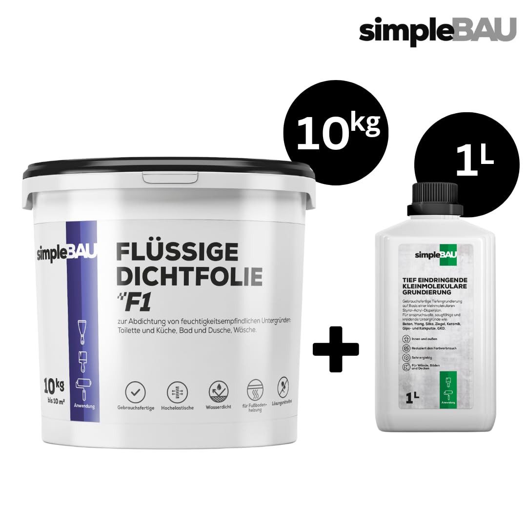 simpleBAU Dichtstoff Flüssige Dichtfolie F1 10 kg und Tiefengrund 1L - Lösemittelfrei