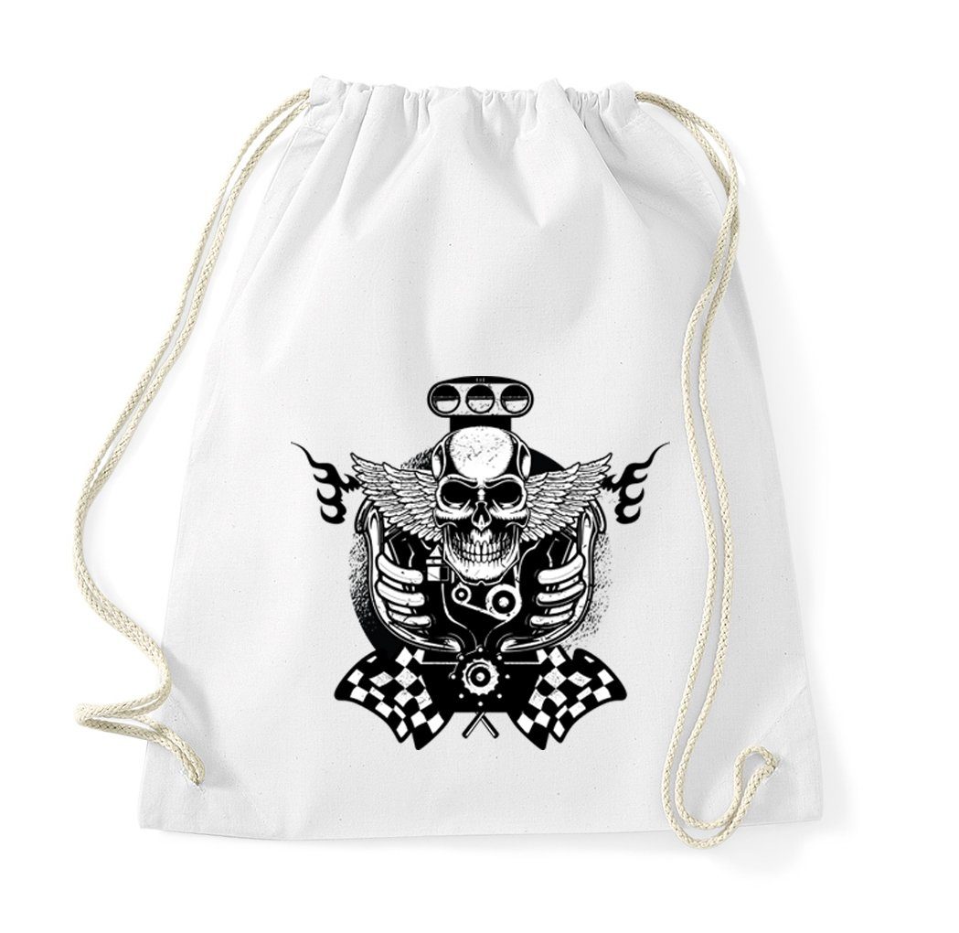 Youth Designz Turnbeutel Totenkopf Motor Baumwoll Tasche Turnbeutel, mit trendigem Print Weiß