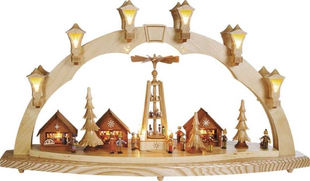 Richard Glaesser Schwibbogen Lichterbogen groß, Motiv: Weihnachtsmarkt mit Pyramide, Handwerkskunst original Erzgebirge