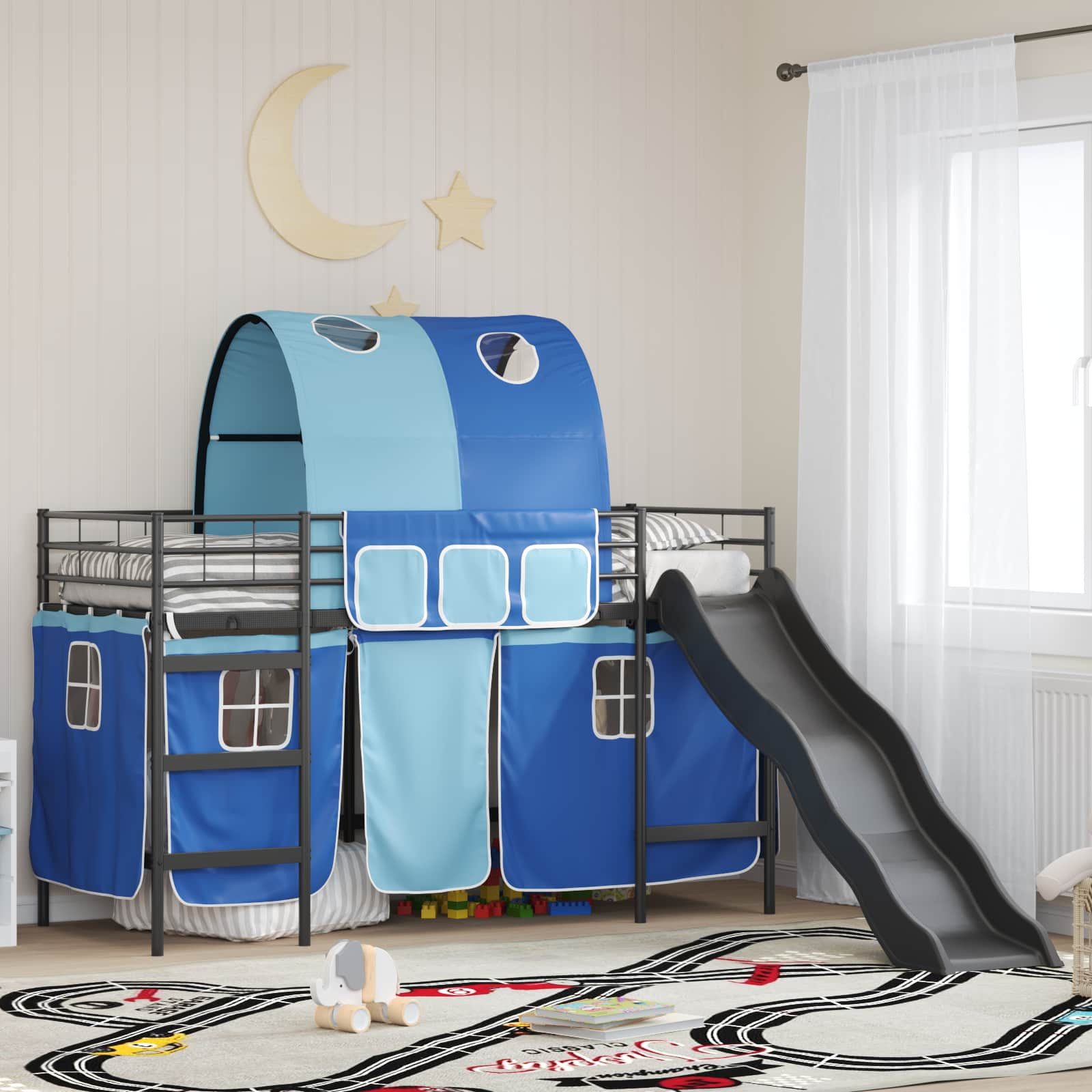 vidaXL Bett Etagenbett für Kinder mit Vorhängen Uni Schwarz und Blau Metall (1-tlg)