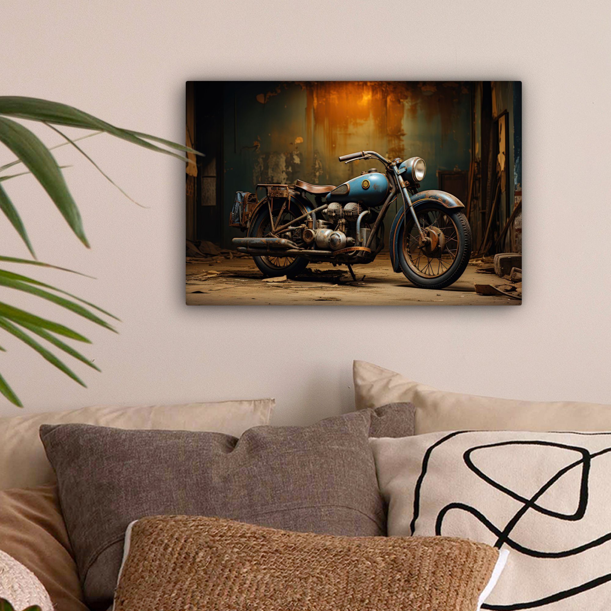 OneMillionCanvasses® Leinwandbild Vintage - Motorrad - Blau - Alt - Garage, günstig online kaufen