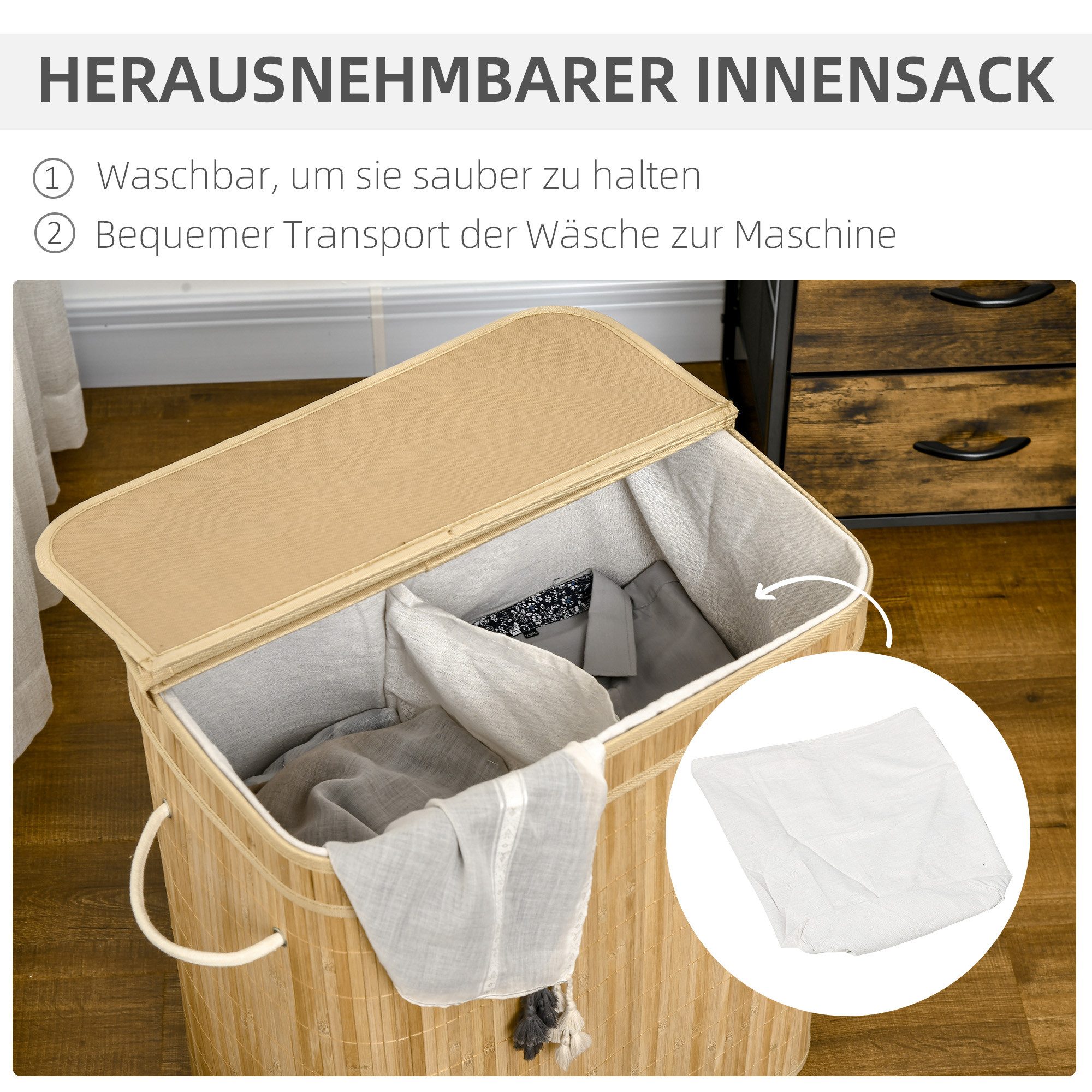 HOMCOM Wäschekorb Wäschesammler mit Griffen, 2 herausnehmbarer Wäschesack, faltbar (Wäschebox, 1 St., Wäschetonne), für Waschküche Schlafzimmer Badezimmer Natur – Bild 5 von 5