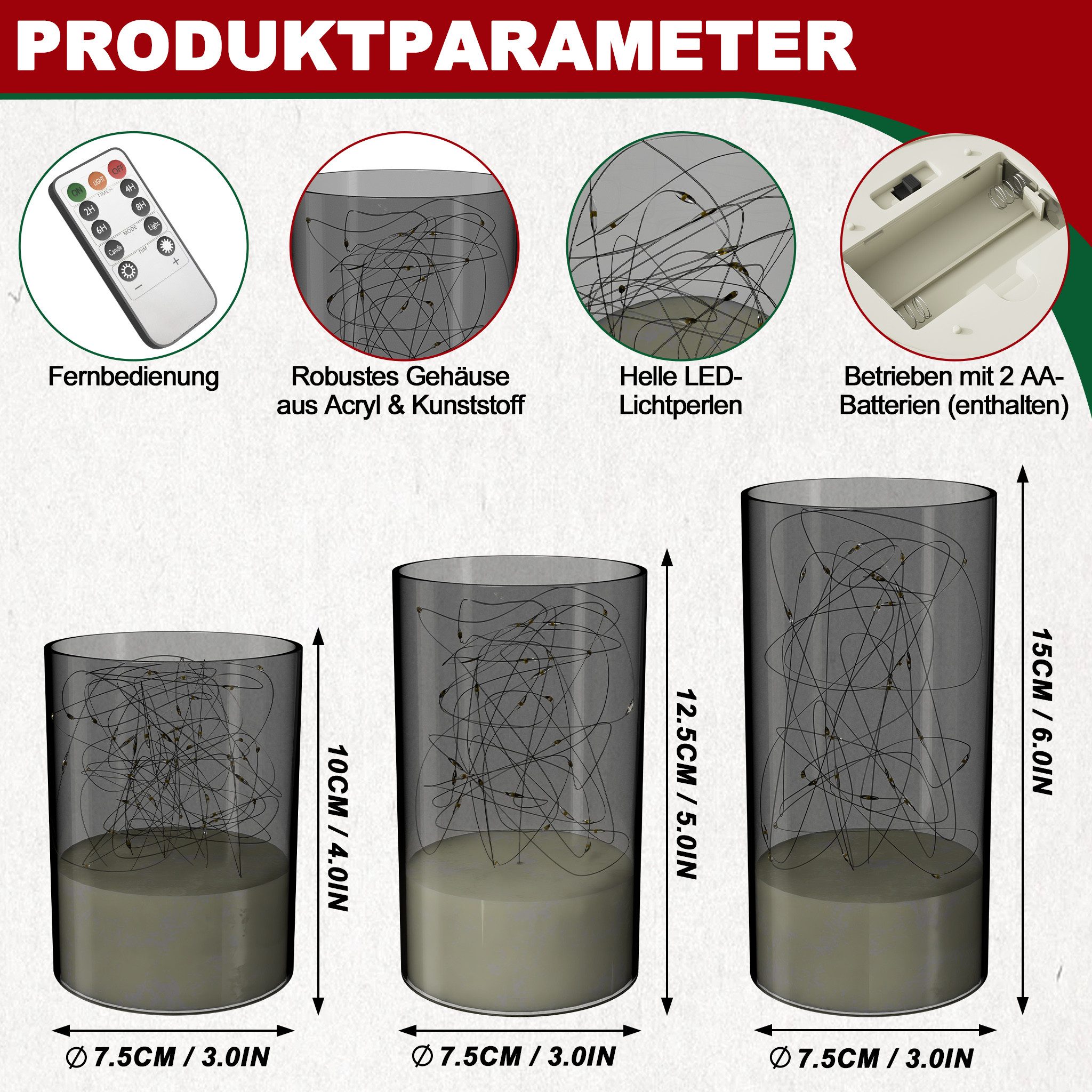 FIVMEN LED-Kerze 3 Stück LED Kerzen Flackernde mit Eingelassener Lichterket günstig online kaufen