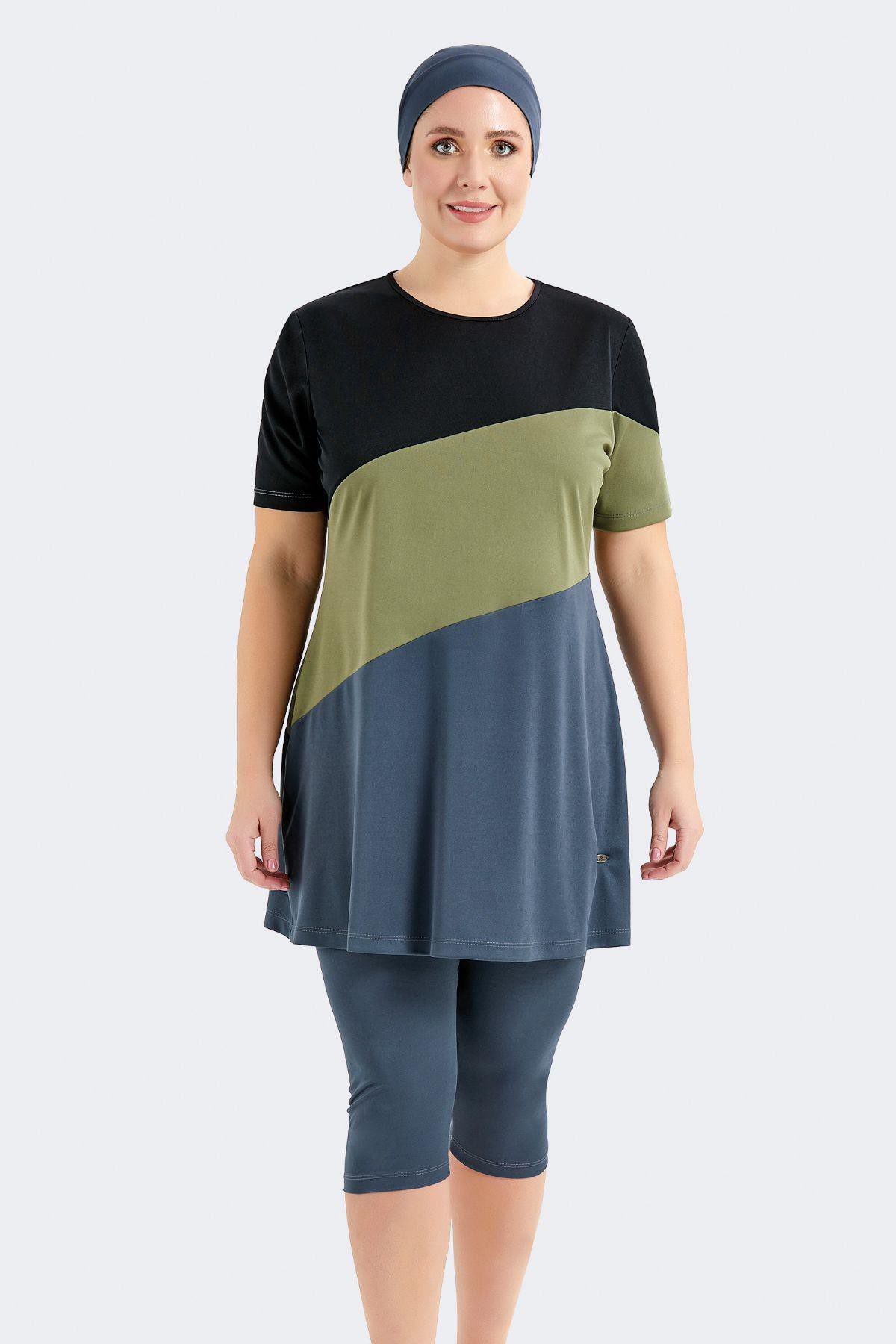 C&CITY Badeanzug Übergröße Kurzarm Leggings Halbbedeckter Bescheidener Badeanzug