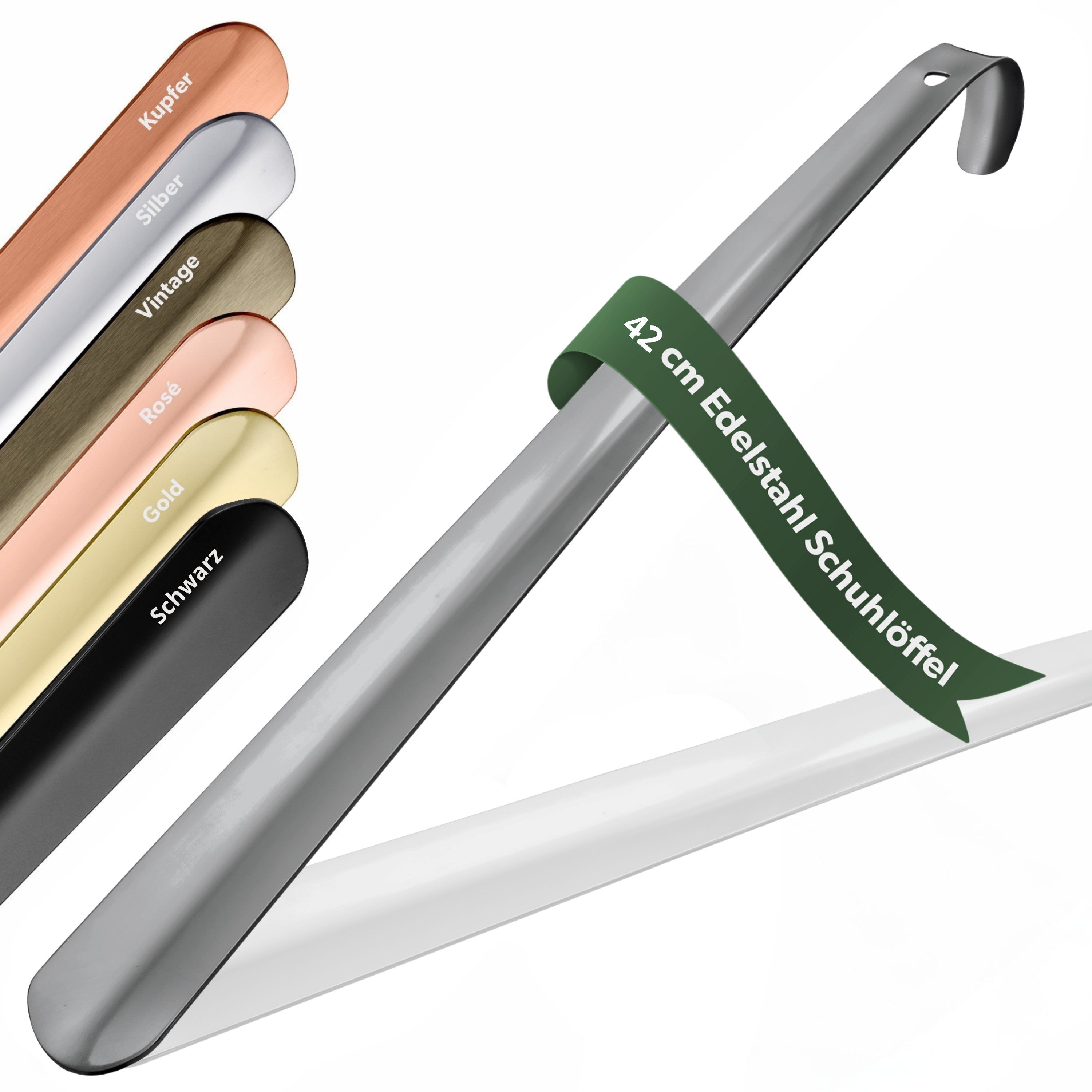 JK Trade Schuhlöffel 42cm Edelstahl Anthrazit poliert (1-tlg., lang & stabil), Metall Schuhanzieher lang zum Stehen, Aufhängbar, 2mm Extra Stabil