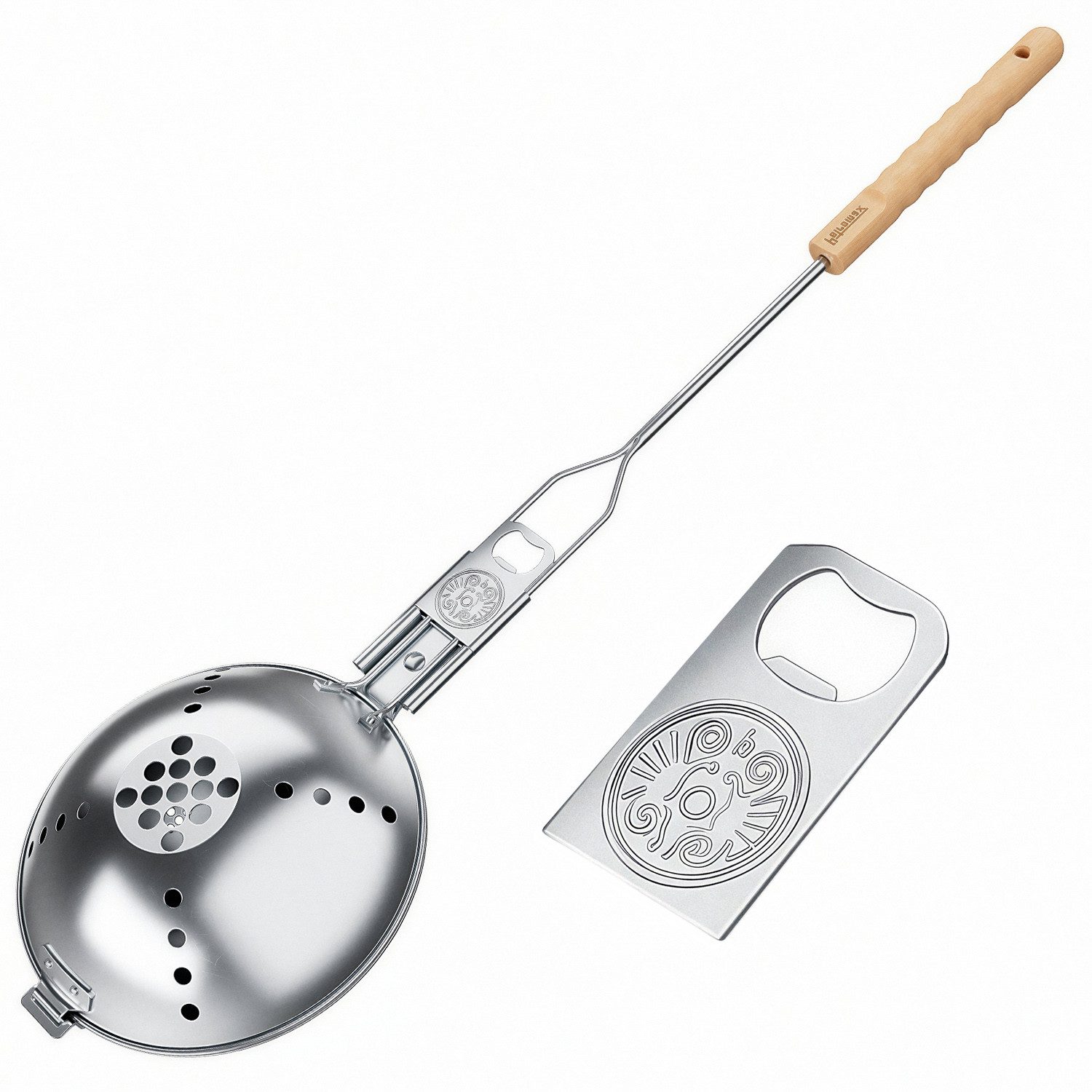 Petromax Popcorn-Pfanne Popcornmaker Popcorn am Lagerfeuer + Flaschemöffner PCMAKER, Edelstahl (1-tlg), integrierte Siebsystem in der oberen Schale