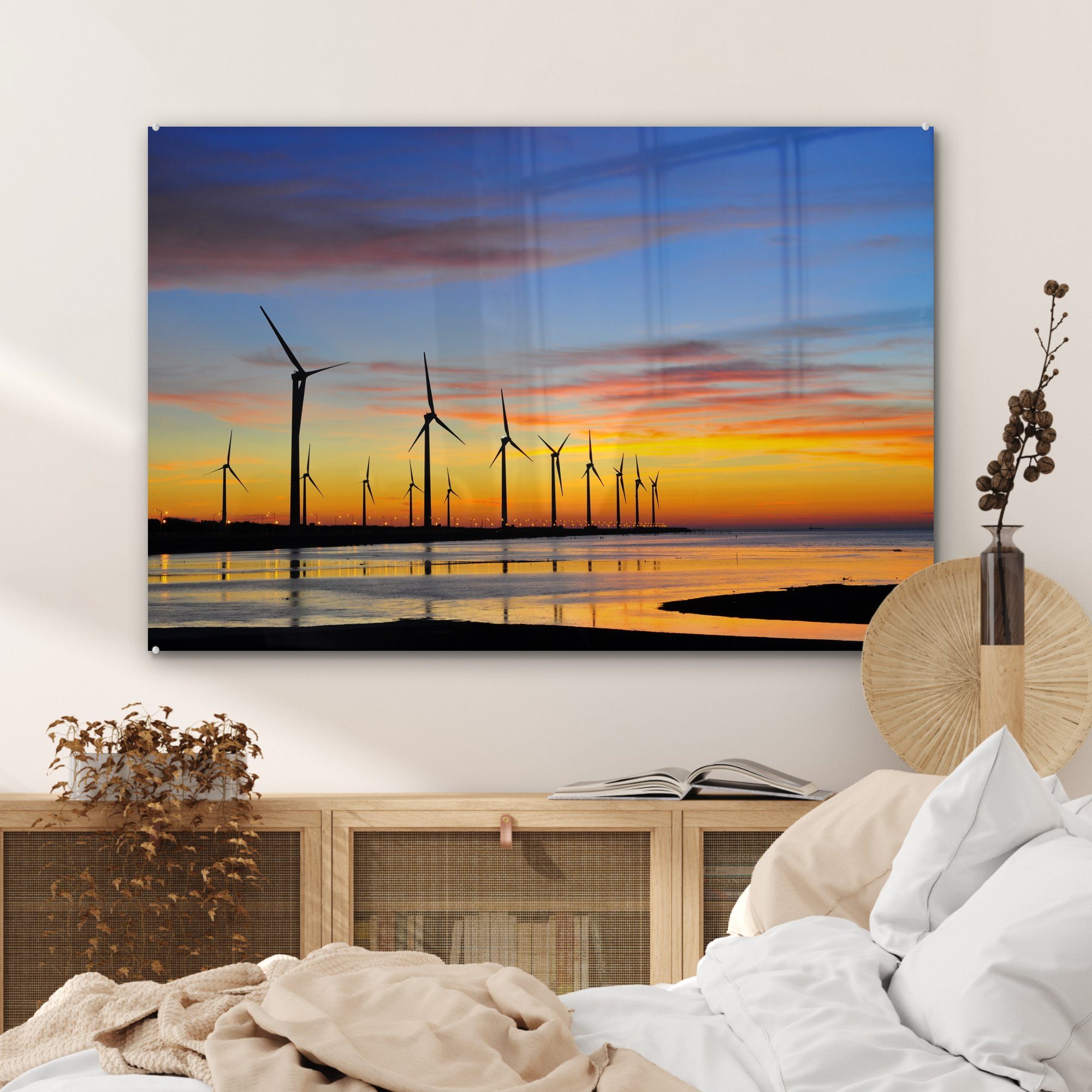 Eine Acrylglasbild ihre von Reihe die & Sonnenuntergang Windmühlen, (1 Acrylglasbilder St), bei Wohnzimmer MuchoWow Schlafzimmer Arbeit,