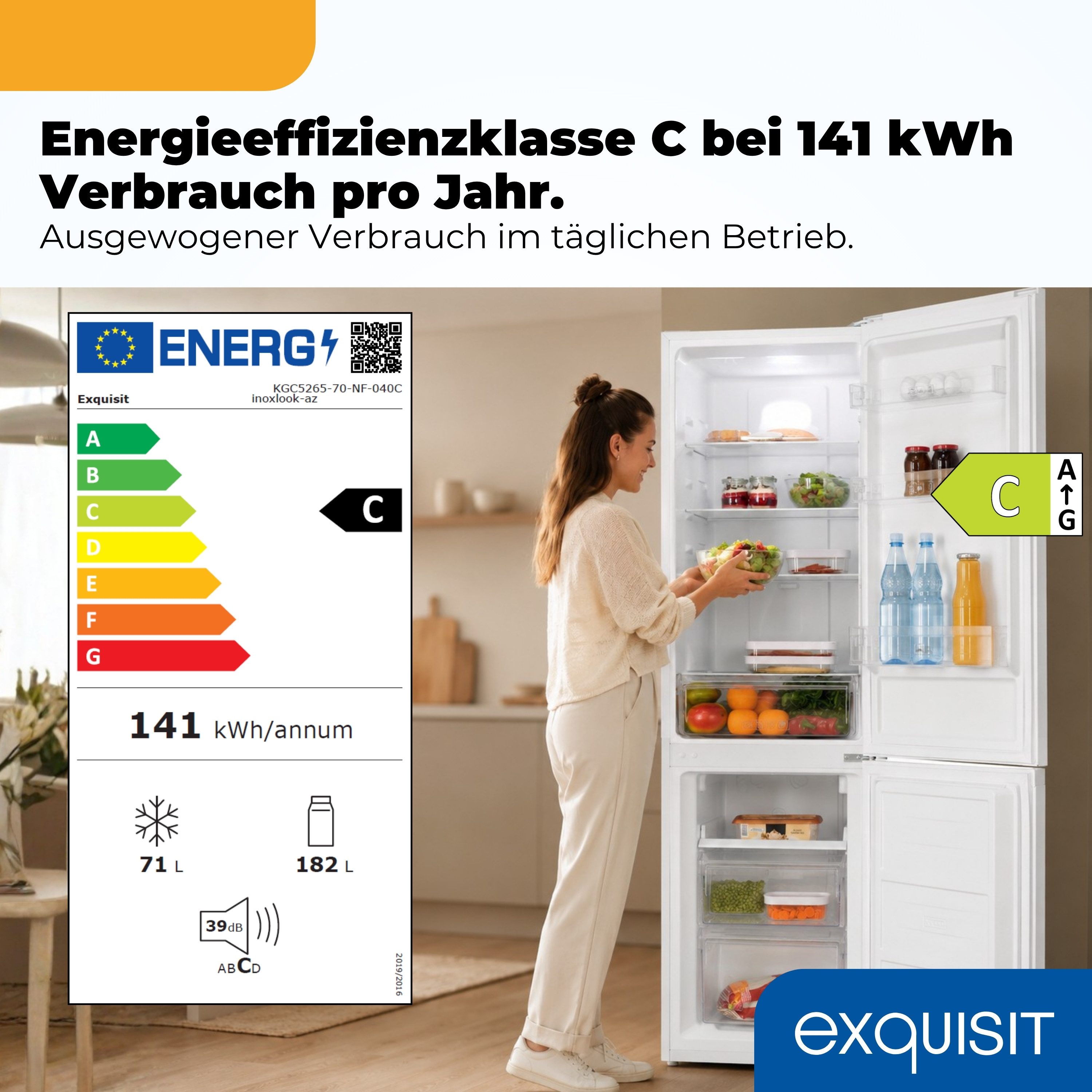 exquisit Kühl-/Gefrierkombination KGC5265-70-NF-040C, 180,5 cm hoch, 54,5 cm breit, 253 l Nutzinhalt, 182,0 l Kühlfach, 71,0 l 4 Sternefach