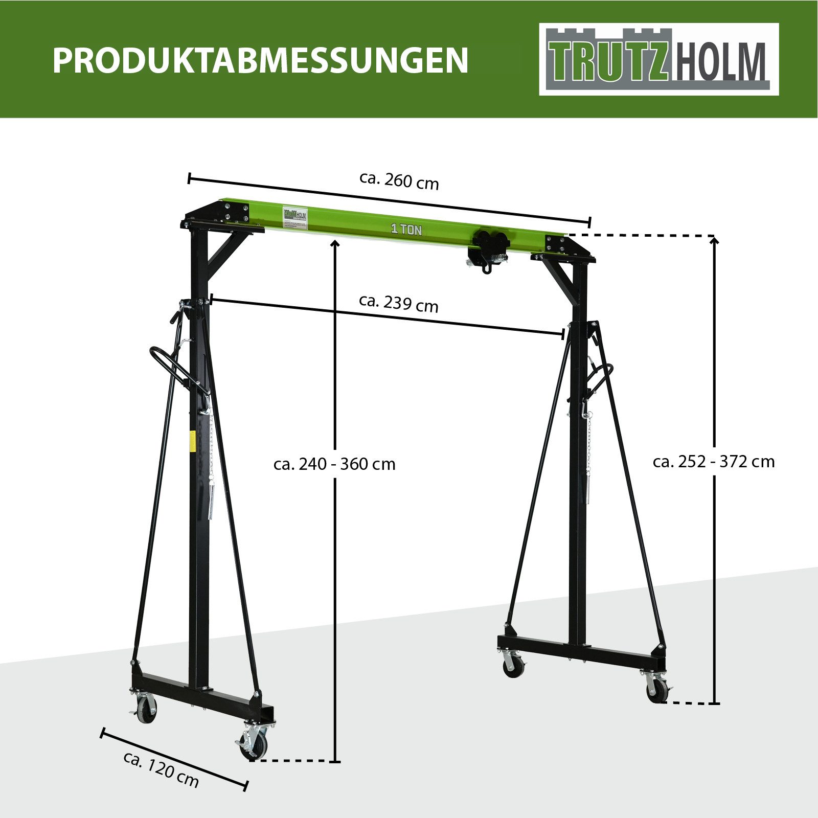 TRUTZHOLM Werkstattkran Portalkran mit Laufkatze Tragkraft 1 t Stahl Hubhöhe 2400 - 3600 mm, Höhenverstellbar