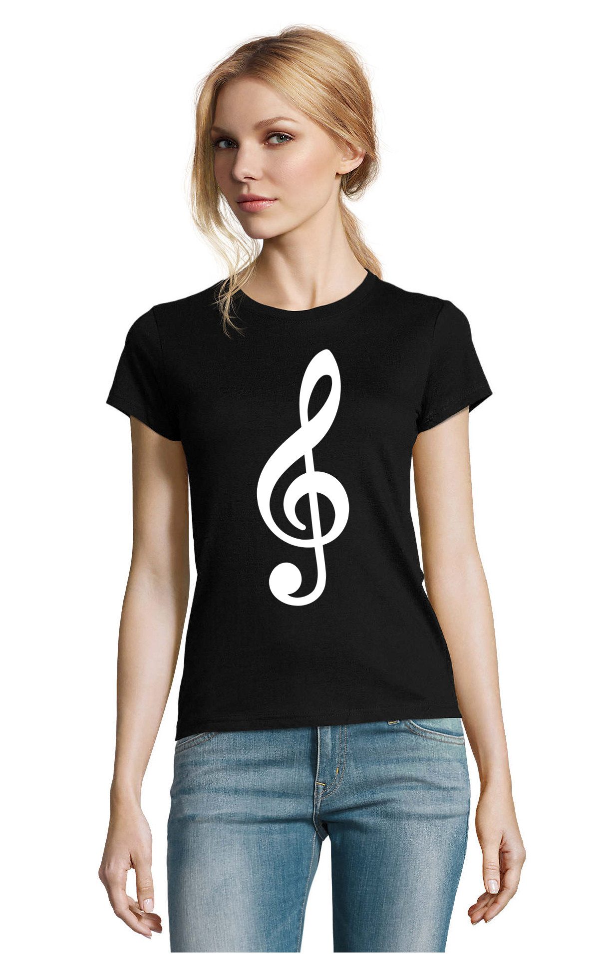Blondie & Brownie T-Shirt Damen T Shirt Notenschlüssel Musik Print Baumwolle Figurbetont Damen T Shirt Notenschlüssel Musik Motiv Baumwolle Rundhals Fit