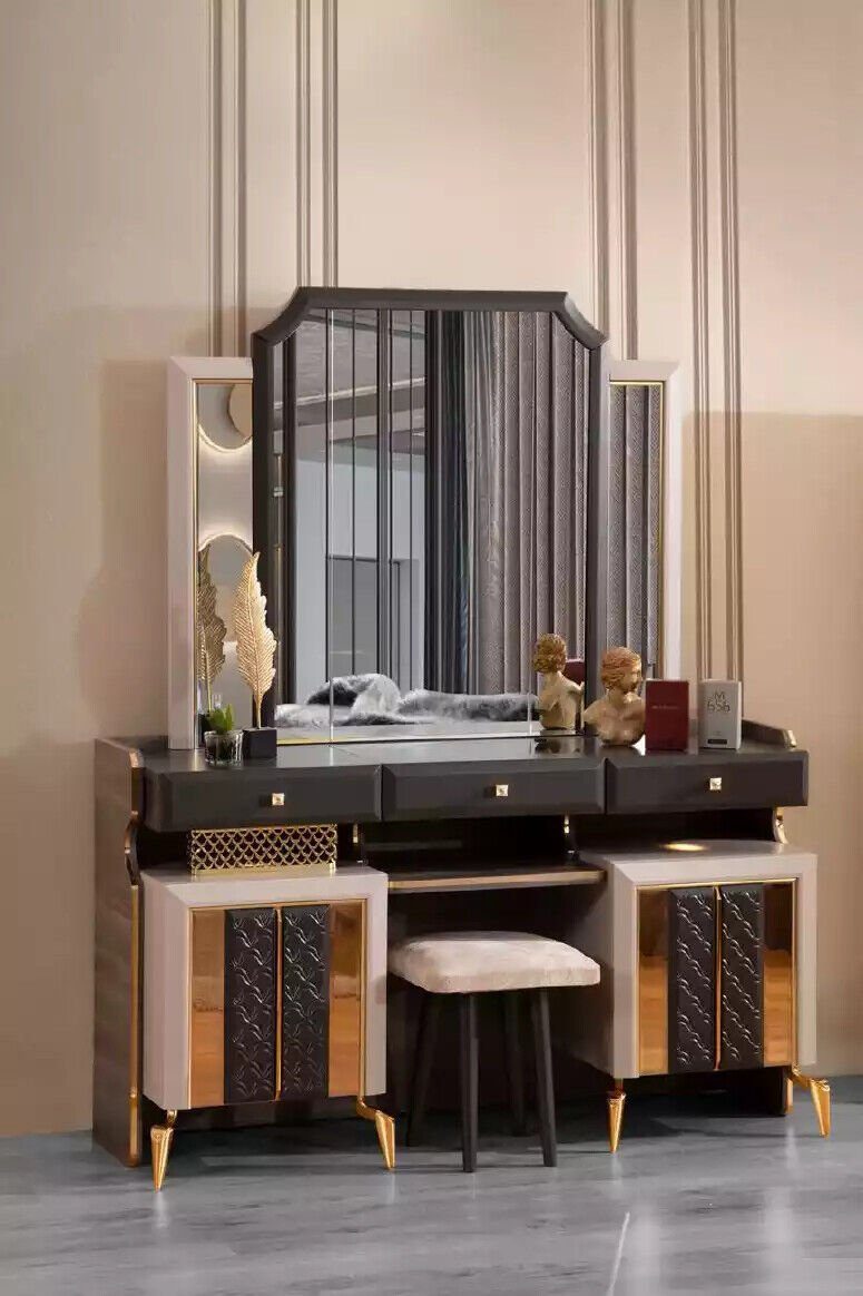 Europa Bett/Bank/2x Schlafzimmer-Set Made in Doppelbett Nachttische/Schminktisch/Bodenspiegel/Kommode), Komplette Stoff JVmoebel Schlafzimmermöbel Beige, (7-St., Groß Luxus