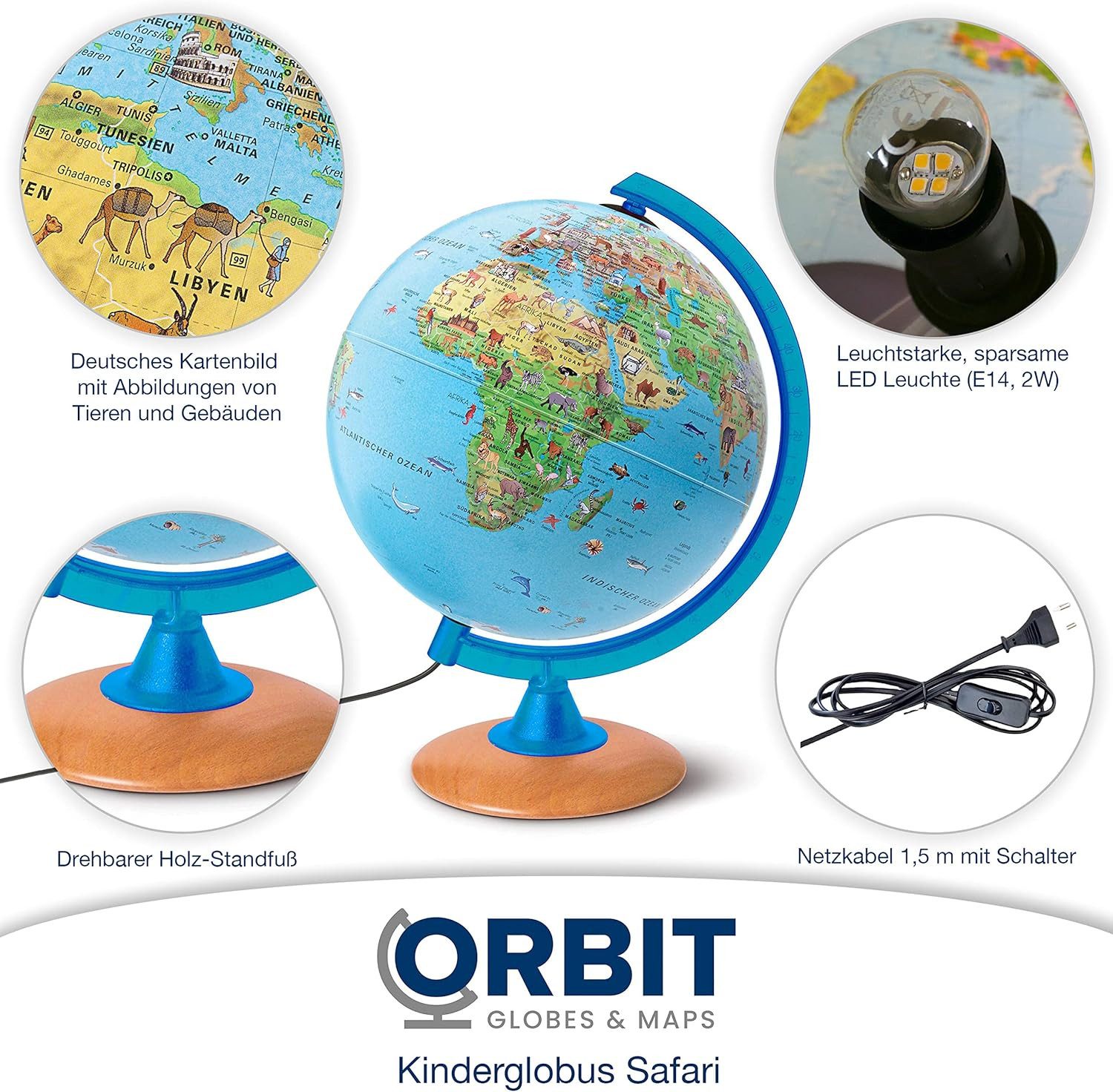 Interkart Landkarten & Globen GmbH Globus Kinder-Leuchtglobus 25 cm mit Tieren, Bauwerken & LED-Beleuchtung, Lernglobus mit Licht, Begleitheft zum Entdecken und Lernen