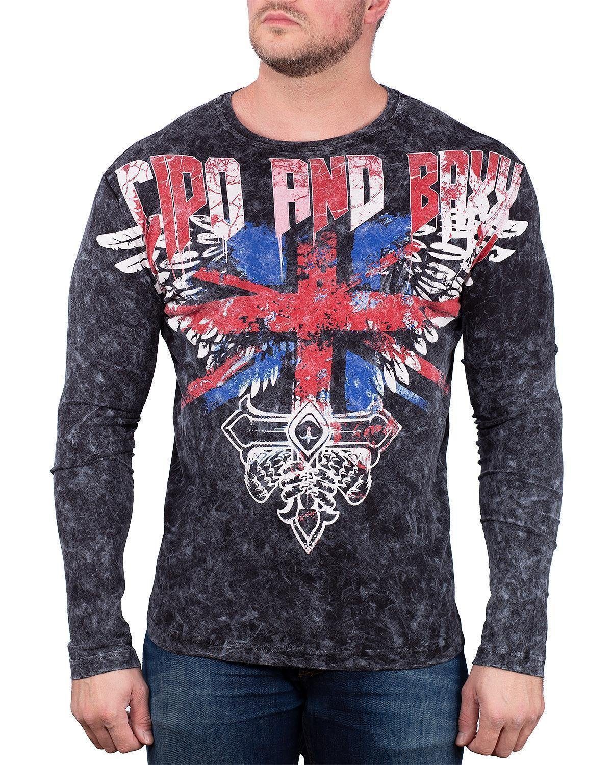 Cipo & Baxx Sweatshirt Herren Longsleeve BA-CL485 Schwarz L Meliert mit diversen Prints