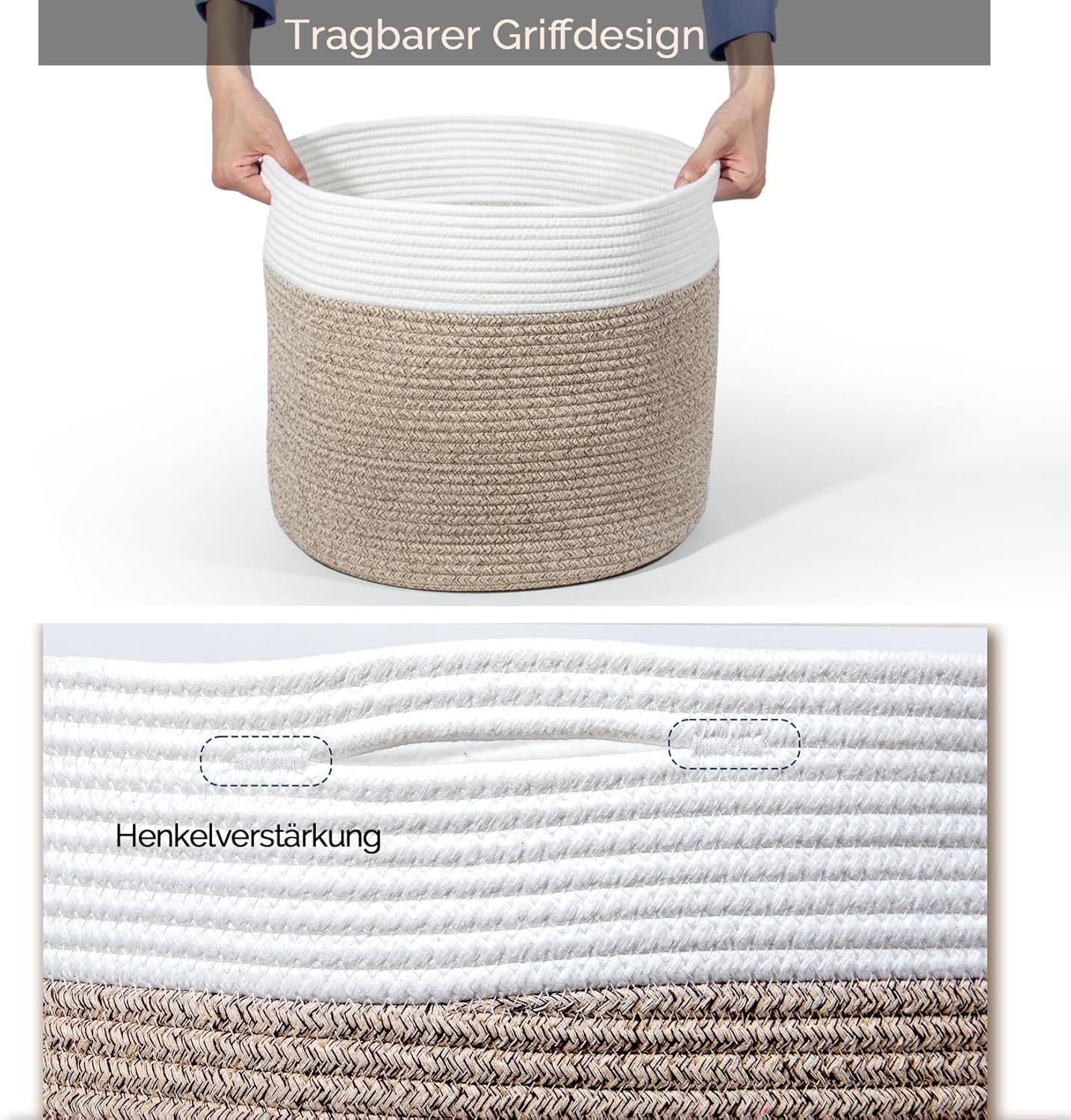Zedelmaier Wäschekorb aus Baumwolle mit Griffen, Aufbewahrungskorb Geflochten, Korb Aufbewahrung für decken, spielzeug, kuscheltier,Kleidung